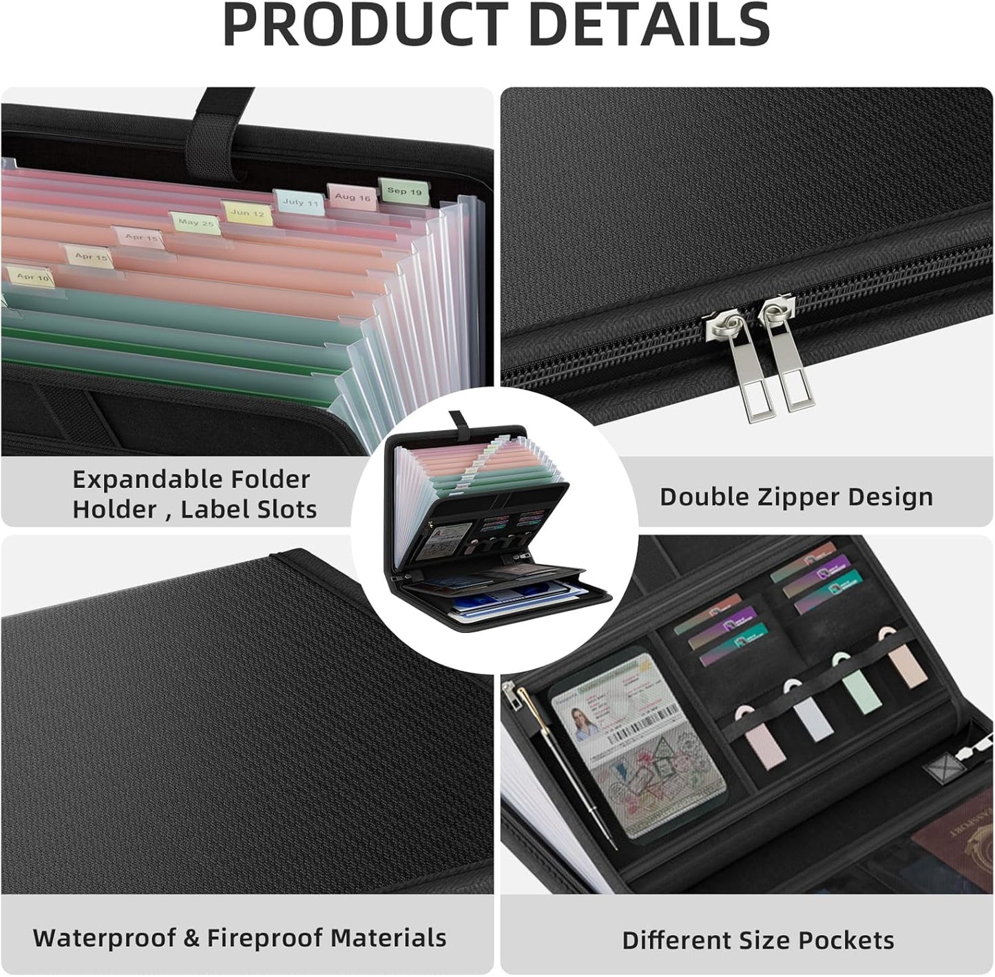 Huolewa Fireproof Accordion File Organizer, Portable Expanding File Folder with Waterproof Zipper&Labels, Black Document Organizer with 13 Pockets, File Organizer for Important Document/Paper Storage
