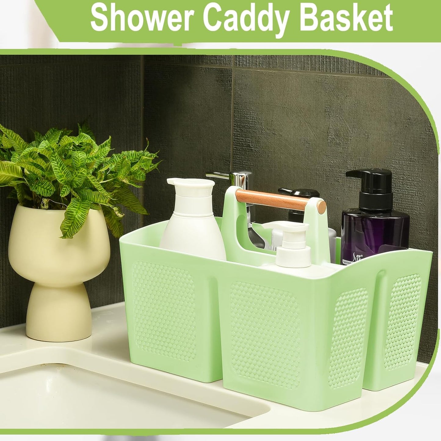 Haundry Plastic Green Shower Caddy Basket with 3 Compartments, Portable Divided Bathroom Cleaning Caddy Organizer Storage Tote with Handle for Dorm, College, Room Essentials