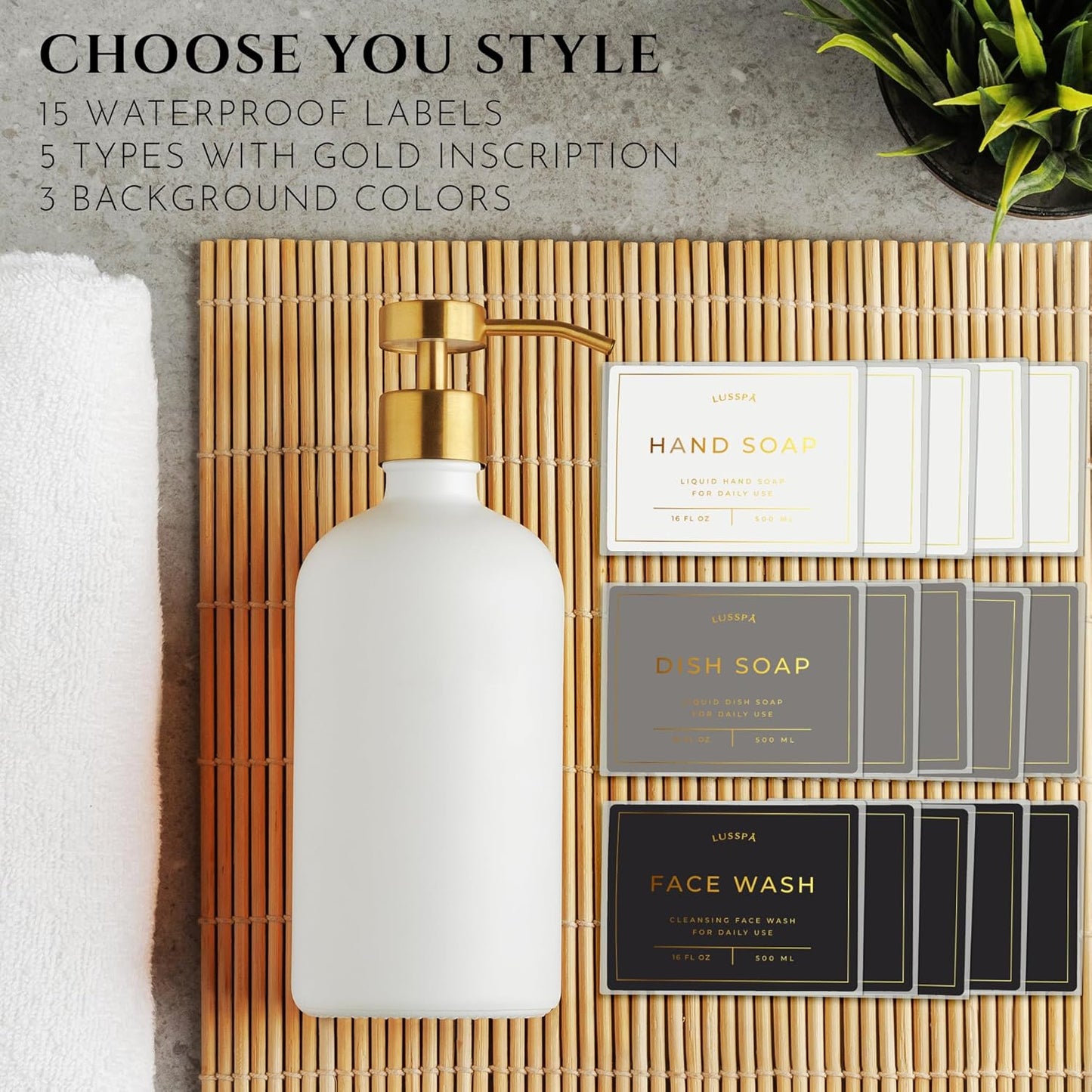 Lotion, Hand & Dish Soap Dispenser for Kitchen Sink - Bathroom Soap Dispenser Set of 2 16.8 Oz Glass Bottles with Stainless Steel Pump, 15 Water Proof Labels & Silicon Tray (White/Gold)