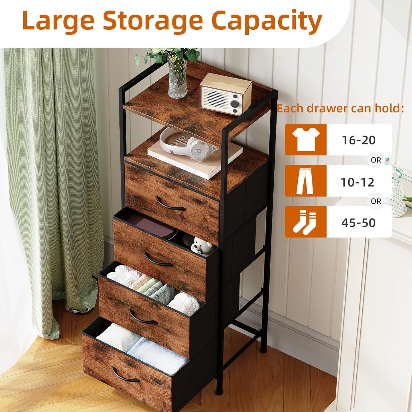 Somdot Night Stand with 4 Drawers, Vertical Storage Tower Fabric Dresser for Bedroom, Nightstand Bedside Table Furniture, Sturdy Steel Frame, Wooden Top & Easy Pull Fabric Bins, Wood Grain Print