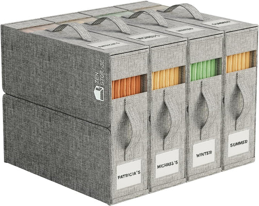 4Pack Sheet Organizers for Linen Closet - King/Queen Size Bedding Storage Boxes with Clear Window, Foldable & Dustproof Linen Organizer for Blankets & Sheet Sets,Grey