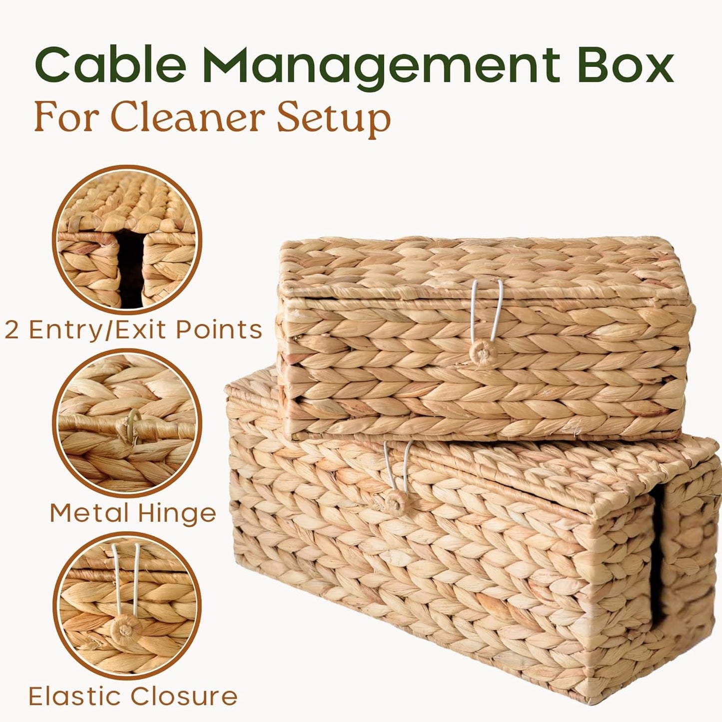 2-Pack Wicker Cable Management Box, Handmade Water Hyacinth Cable Organizer with Lid, Cord Hider Basket with 2 Slots for TV Wires, Power Strips, Surge Protector