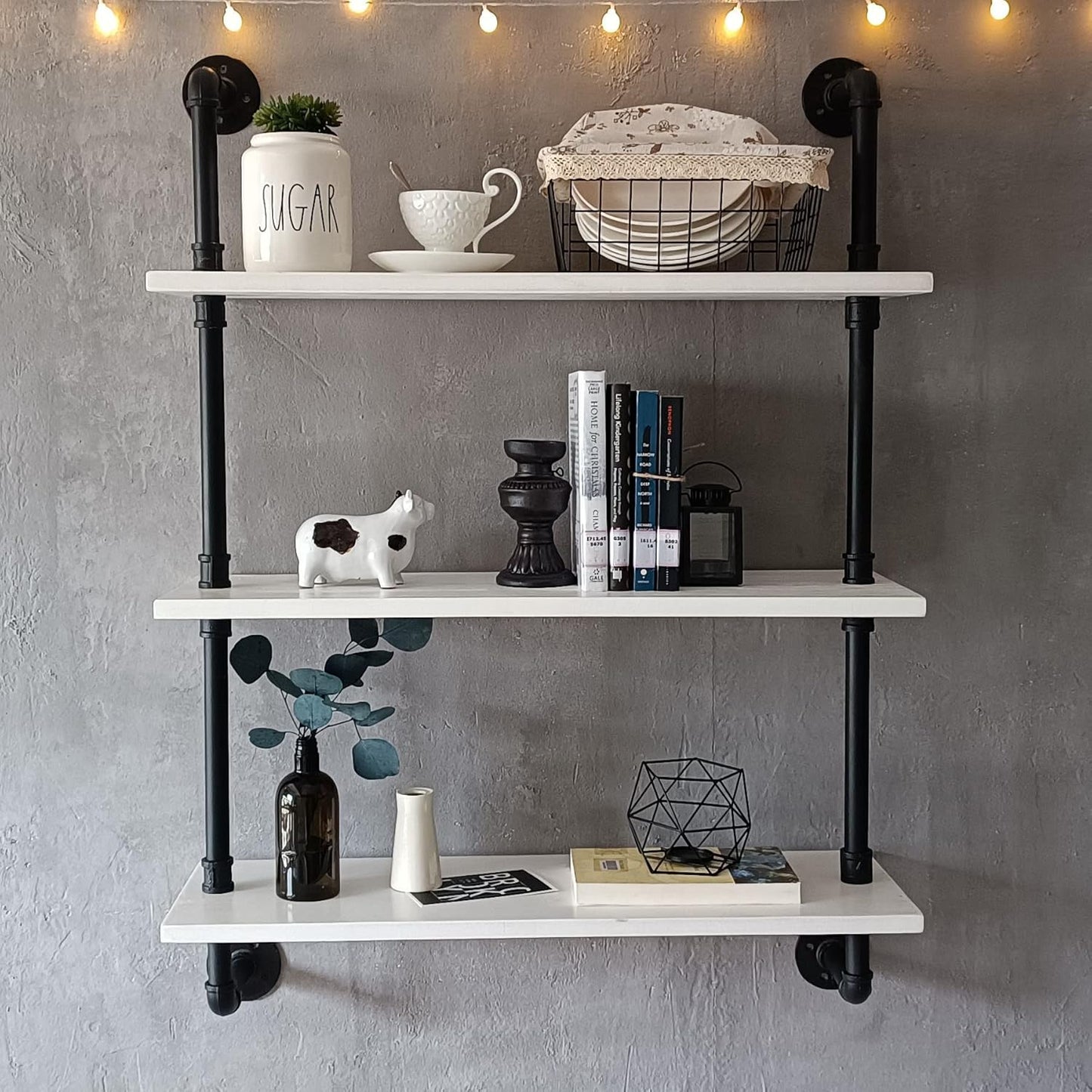 Industrial Pipe Shelving Rustic White Pipe Wall Shelves Bathroom Shelves with Wood Planks Industrial Floating Shelves 30 Inch Farmhouse Bookshelf Pipe Shelves Wall Mounted