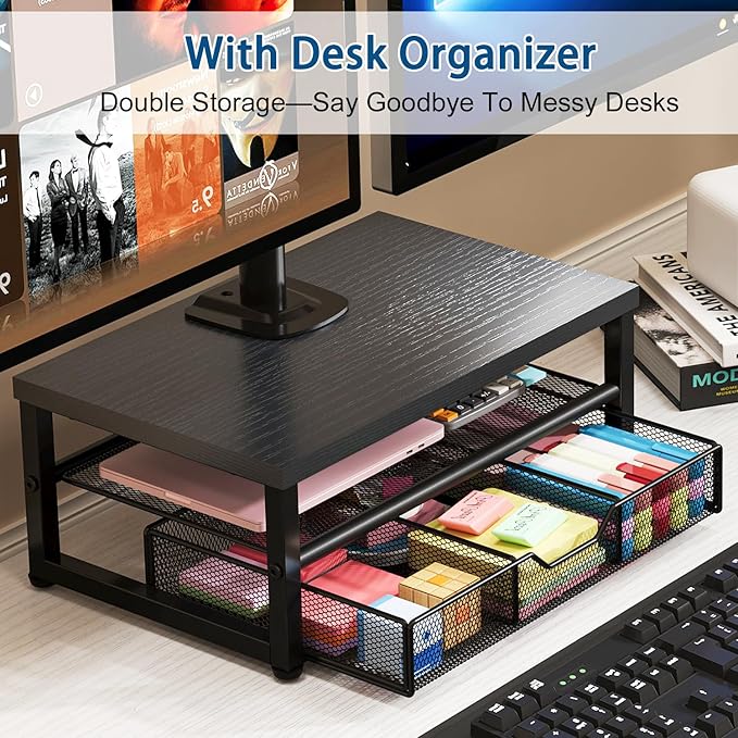 Dual Monitor Stand with Desk Organizer, Heavy Duty VESA Dual Monitor Arm Mount for 13″-27″ Computer Screens, Free-Standing Monitor Arms for Home Office/Gaming, Adjustable Height Angle, Loads 20Lbs/Arm