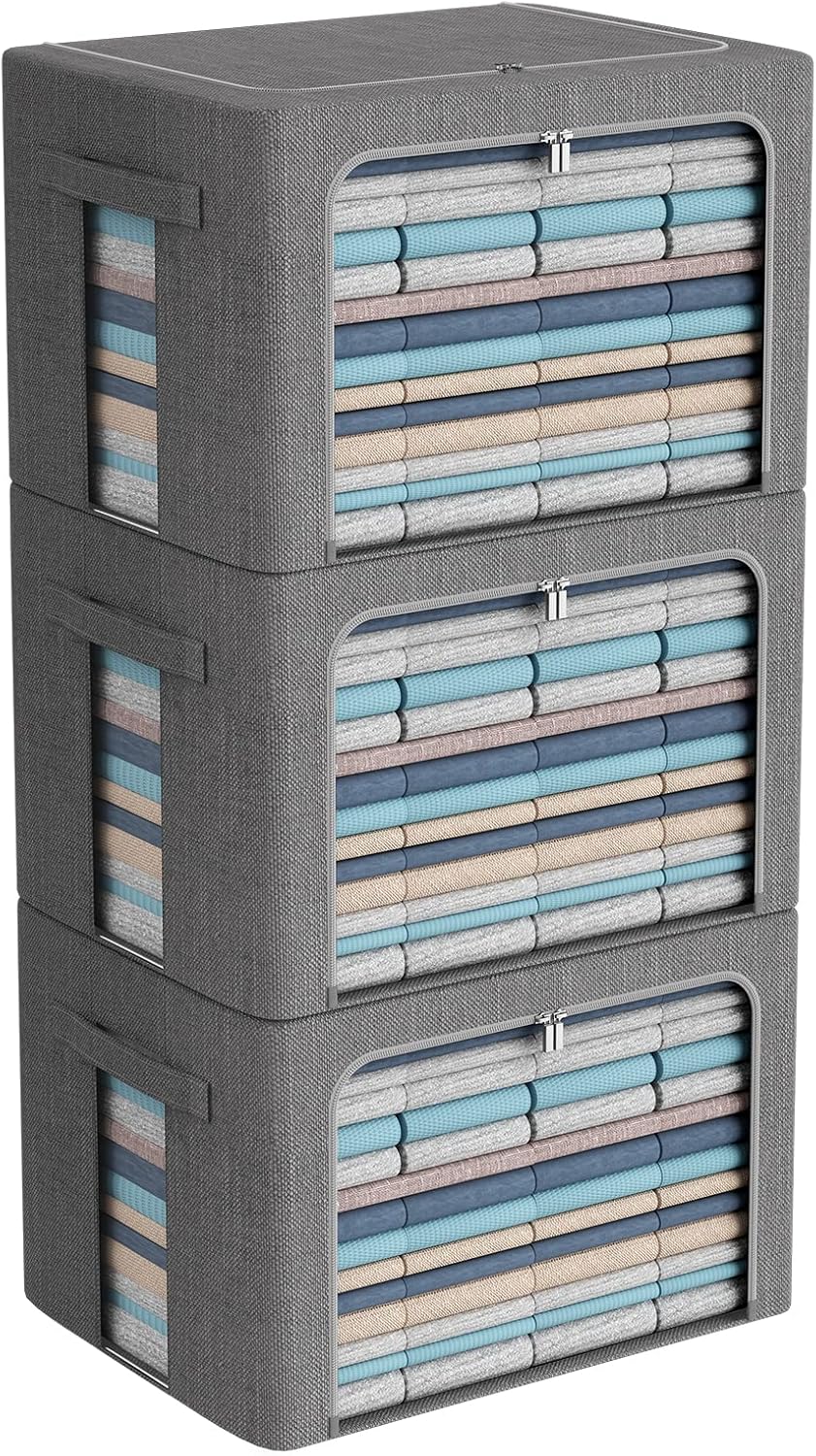3Pack Foldable Storage Bins - Frame Storage Box Linen Fabric Stackable Clothes Container Organizer with Clear Window & Carry Handles Large Capacity (Extra Large-100L, Dark Gray)