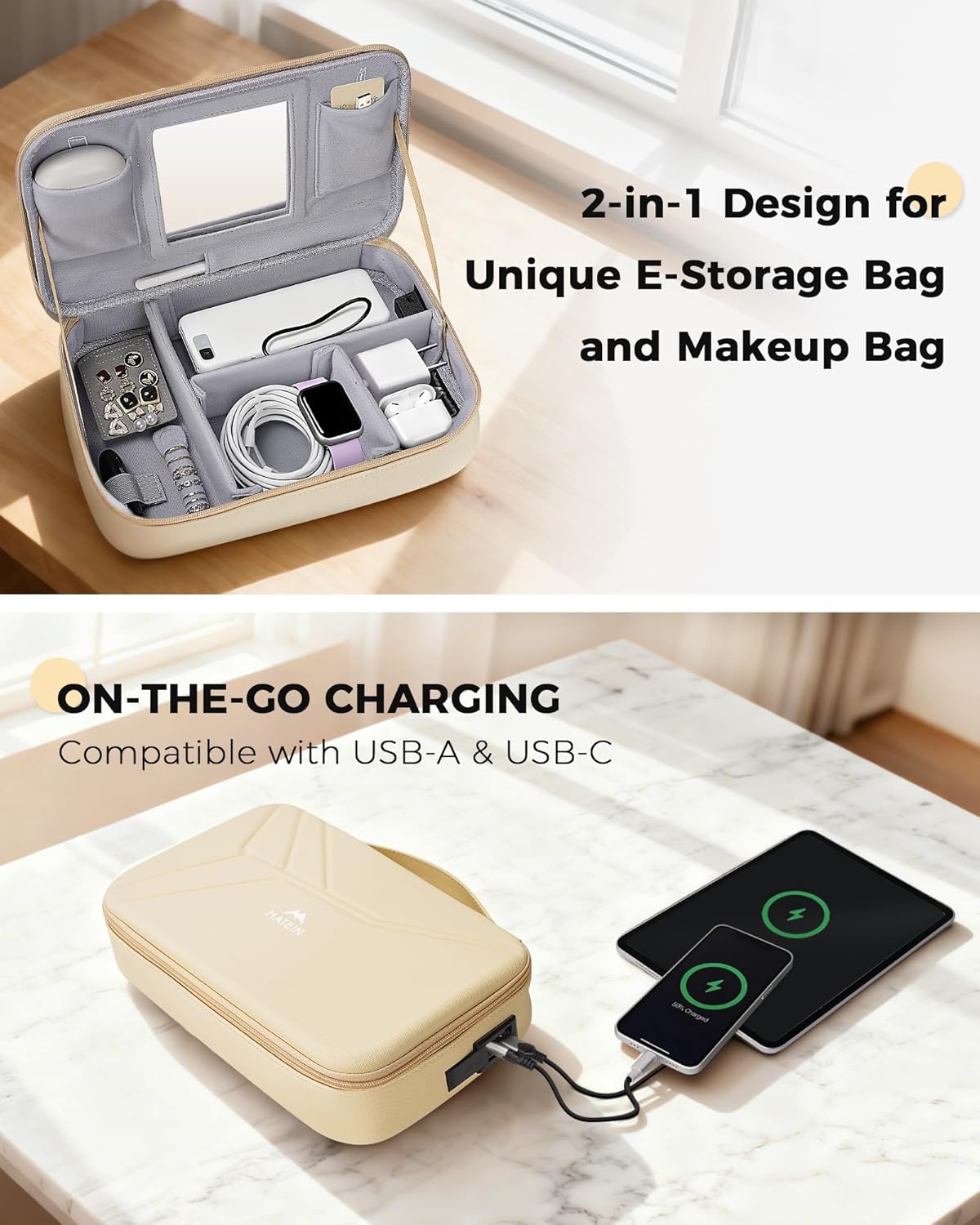 MATEIN Charger Cord Organizer with USB-C & USB-A Ports, Hardshell Cable Organizer Bag Cord Storage for Travel, Water Resistant 2-in-1 Electronics Case for Tech Accessories and Cosmetics, Apricot
