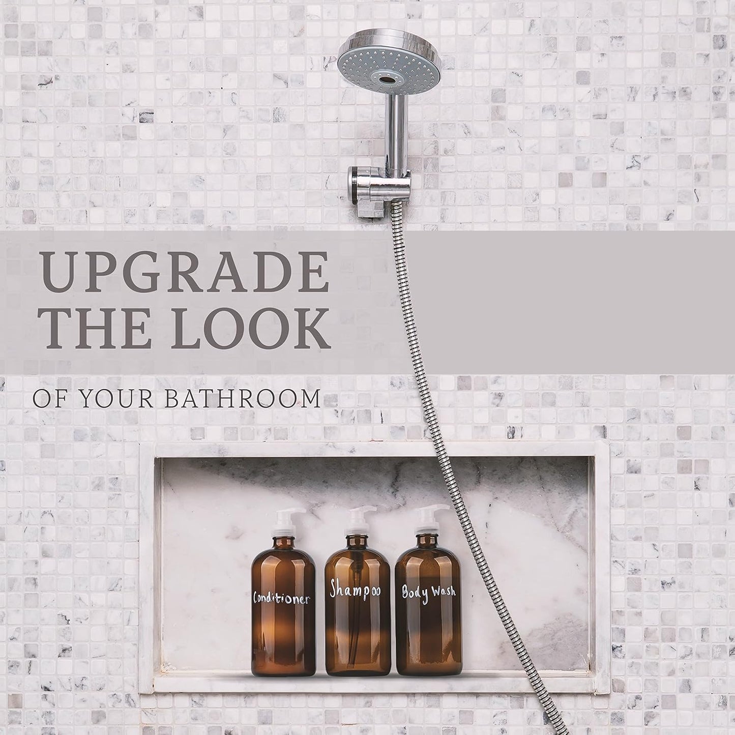 kitchentoolz 32 Ounce Large Glass Pump Bottles - Refillable Dispenser for Laundry Detergent, Lotion, Soap, Shampoo, Oils. Amber Bottles with Natural Color Pumps - Pack of 4