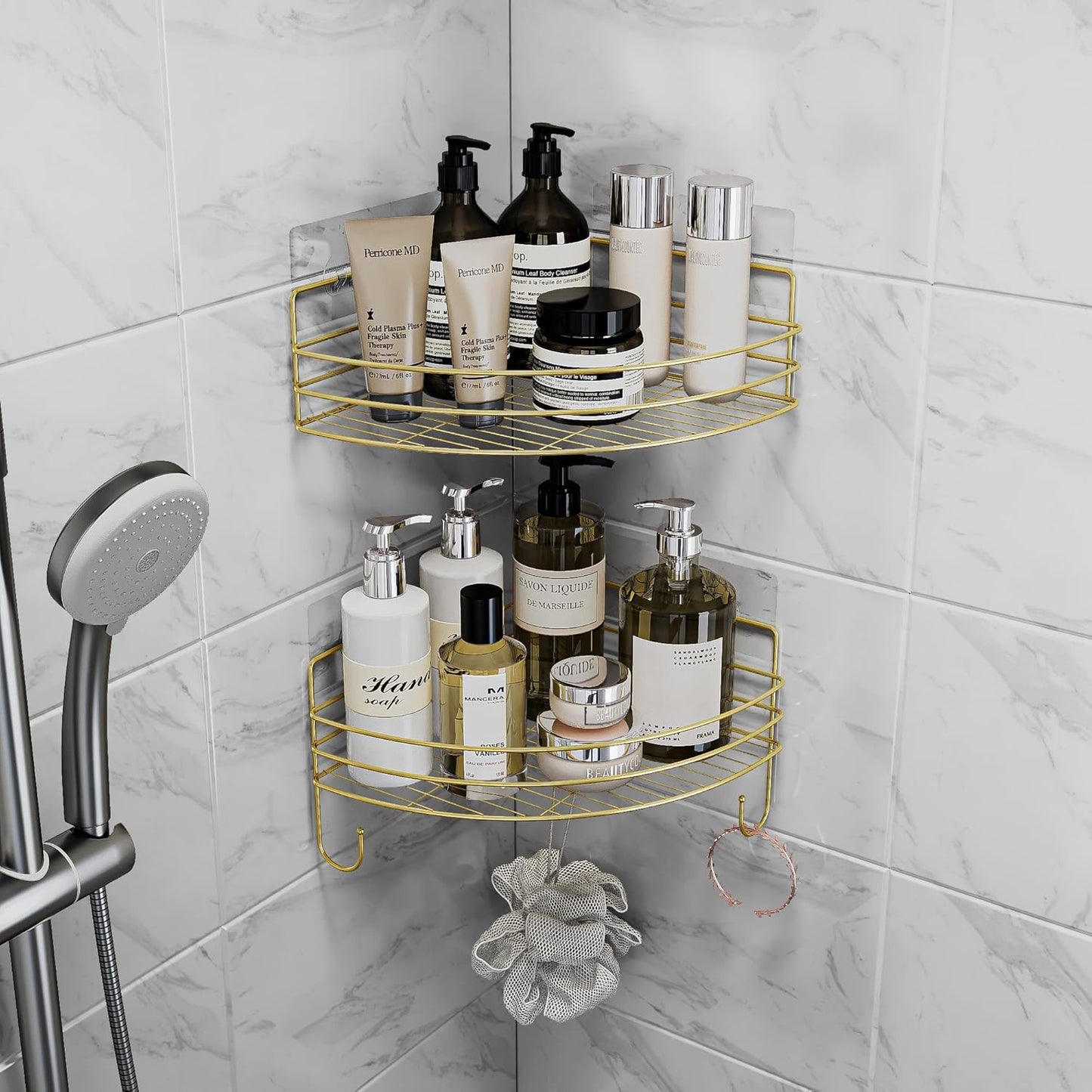 Corner Shower Shelves with 4 Hooks, 2-Tier Stainless Steel Bathroom Shower Organizers, Wall Mounted Caddy Shelves No Drilling with Adhesive, Triangle Storage Shelf for Toilet, Dorm and Kitchen, Gold