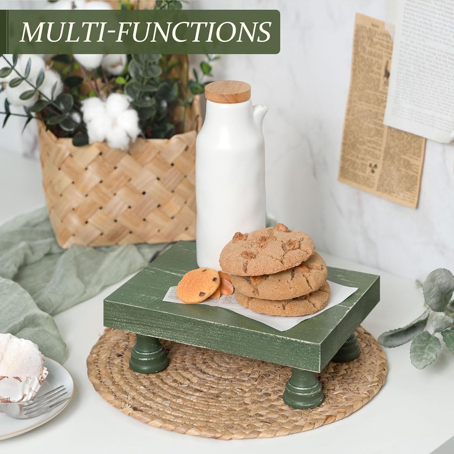 EOSAHR Pine Wood Riser Display Stand for Coffee Table – Stylish Pedestal Stand to Showcase Your Bathroom Accessories – Farmhouse Home Decor for Displaying Plant, Cupcakes and Soap Dish (Green)