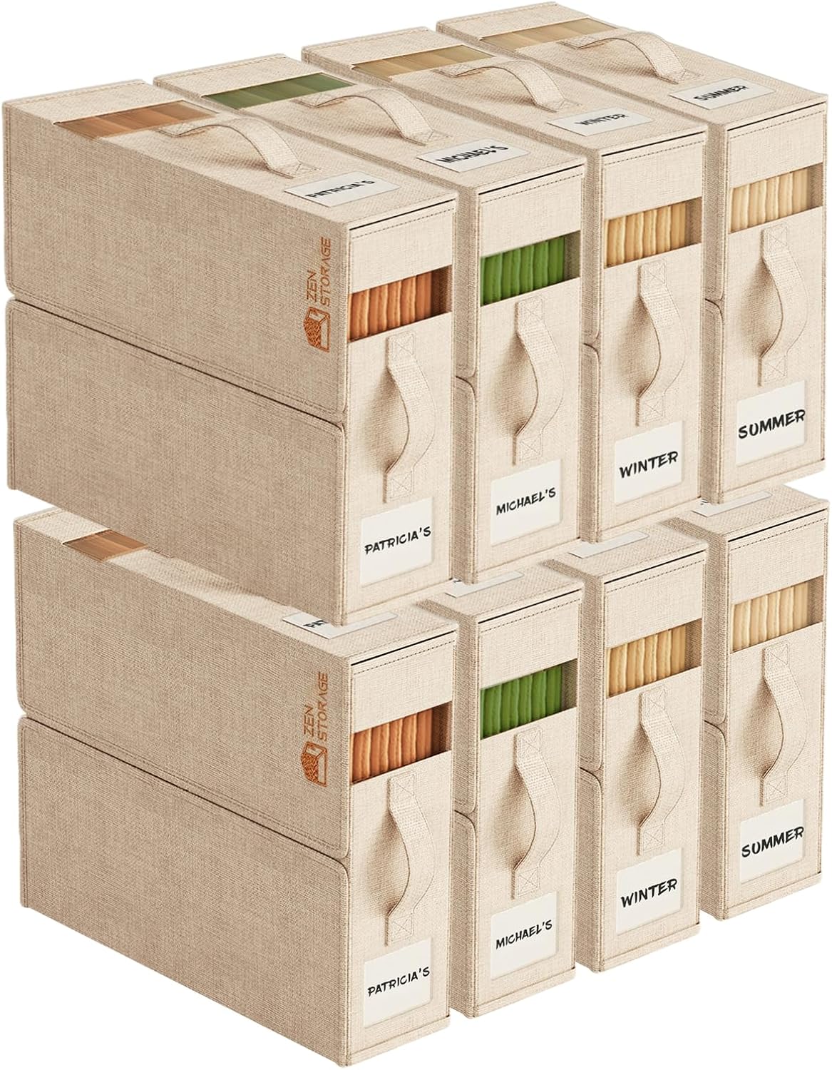 8Pack Sheet Organizers for Linen Closet - King/Queen Size Bedding Storage Boxes with Clear Window | Foldable, Dustproof Linen Organizer for Blankets & Sheet Sets,Beige