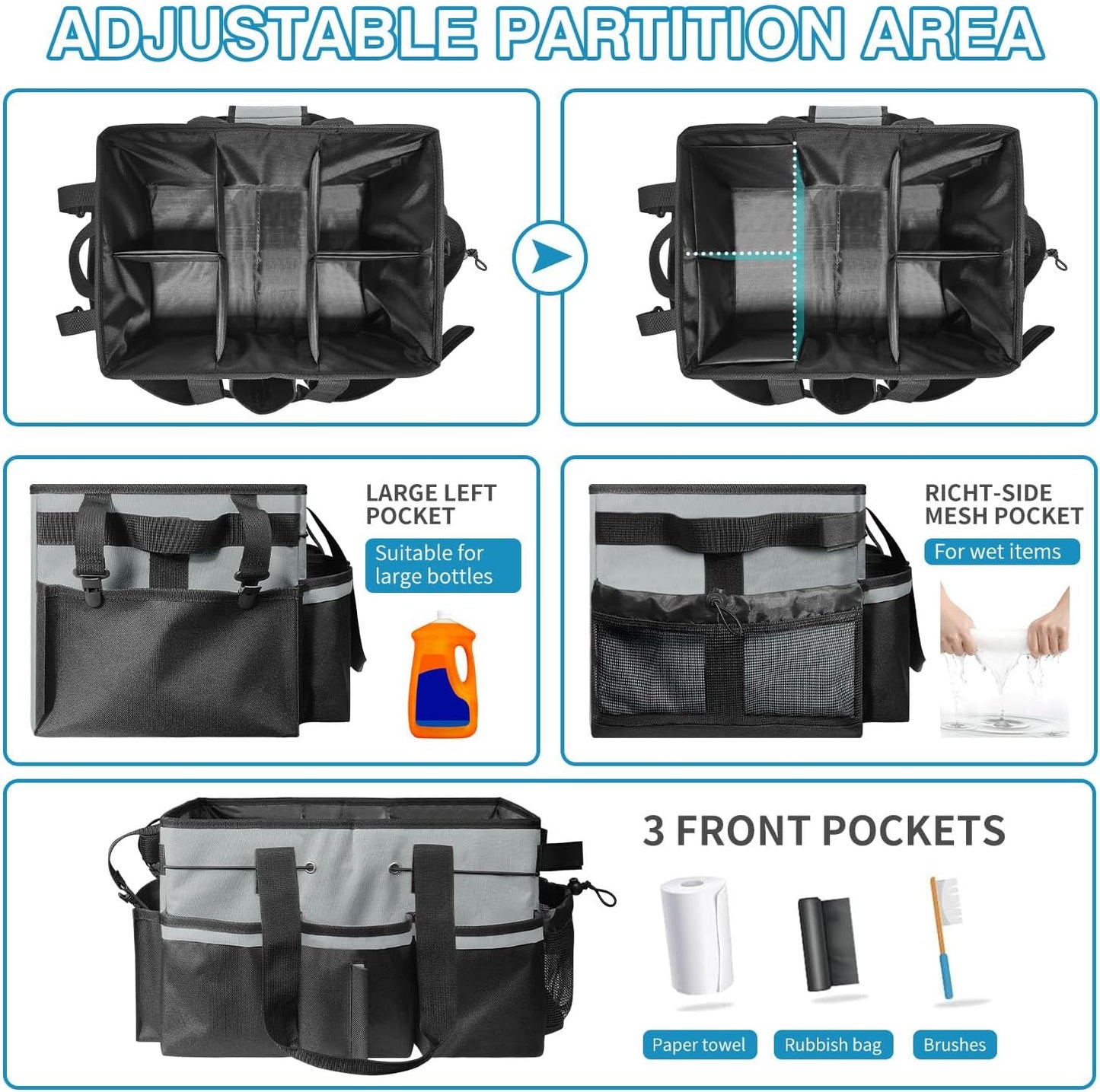 Organizer with Handles for Cleaning Tools, 17.8*12.2*9.3in Large Cleaning Caddy Bag Waterproof Car Cleaning Tool Organizer Bag with Shoulder Detachable Divider for Cleaners Housekeeper(Grey)