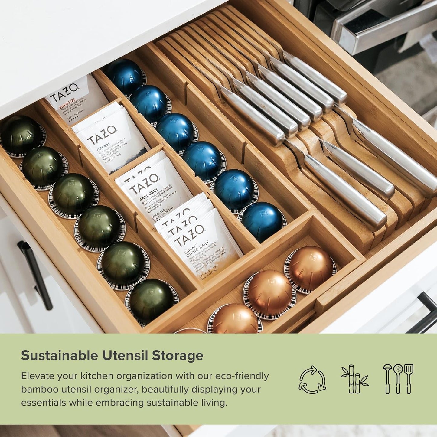 KitchenEdge Tea Bag and Coffee Pod Kitchen Drawer Organizer, Expandable 9.7 to 17 Inches, 10 Accessory Compartments with Adjustable Wall Inserts, Non-Slip Rubber Feet, 100% Sustainable Bamboo Wood