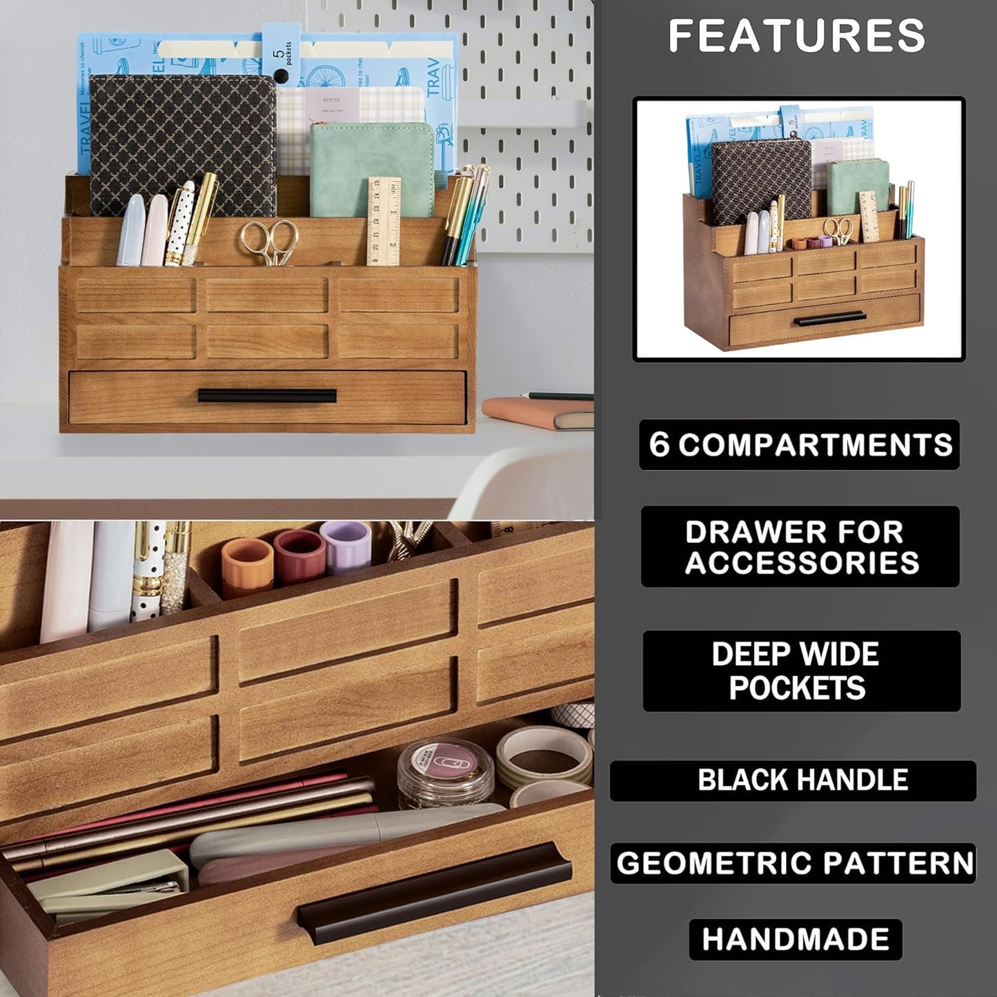 Brown Wood Desk Organizer and Accessories with Drawer, Bill Mail Organizer and File Mail Holder for Office Supplies, Rustic Desk Accessories & Workspace Organizers