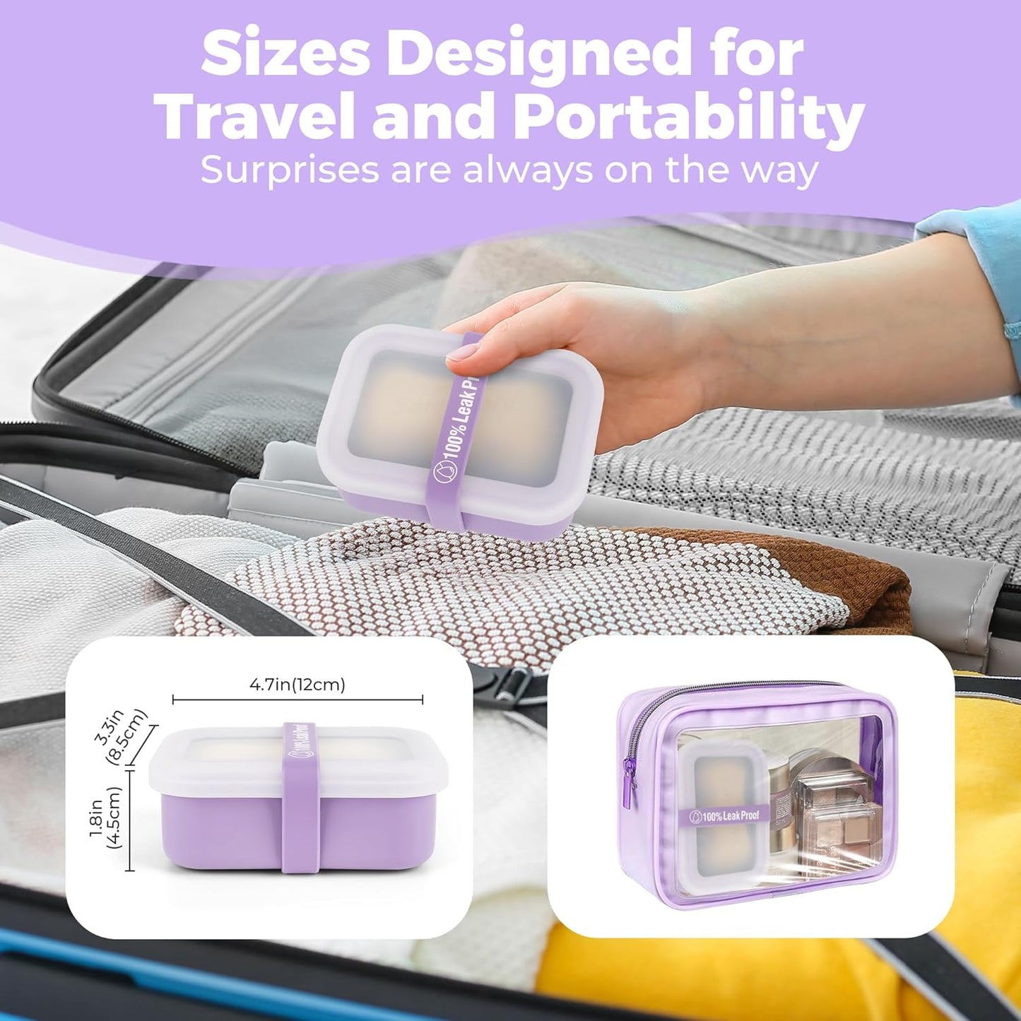 Compact Leakproof Travel Soap Case with Lid & Silicone Strap - Portable Draining Soap Bar Holder for Gym, Bathroom, Camping - Lightweight Silicone Soap Dish Container (Purple)