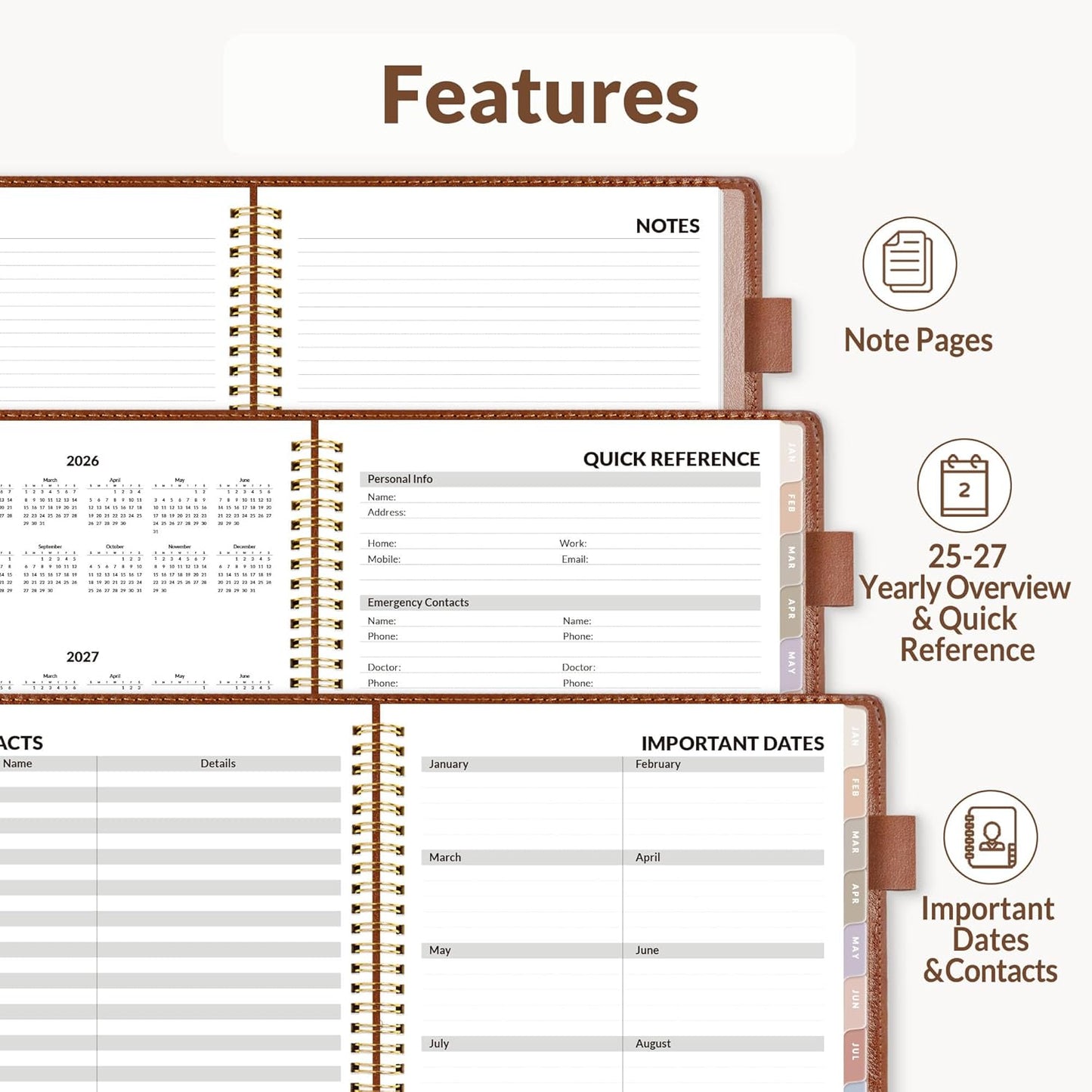 SUNEE 2026 Weekly & Monthly Planner 6.4"x8.5"- 12 Month (January 2026 - December 2026), Vegan Leather Cover, Pocket, Bookmark, Notes, Monthly Tab, Brown