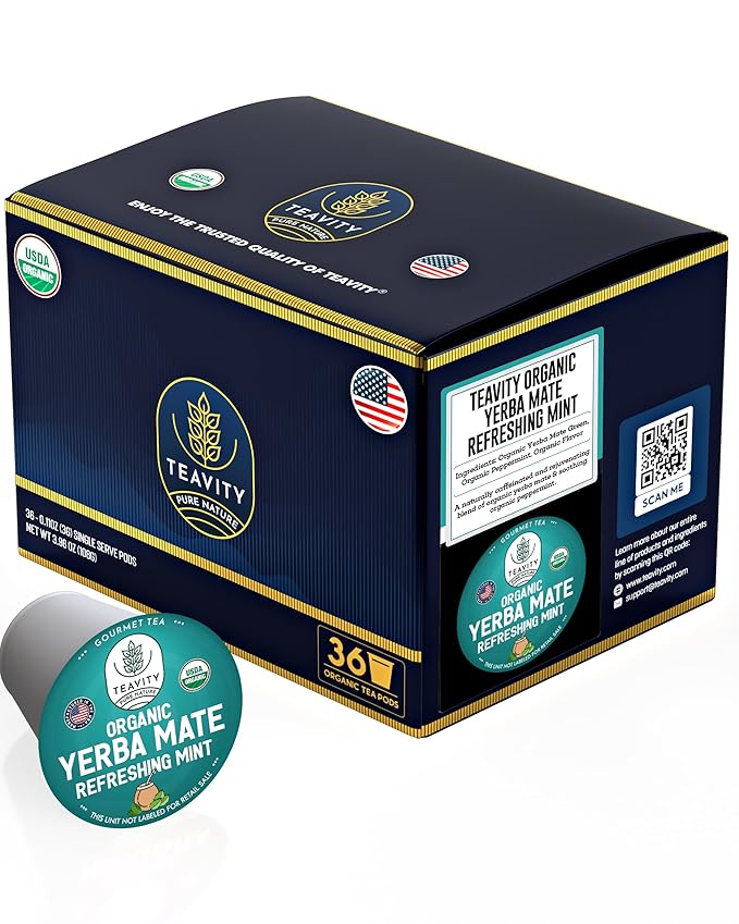 Organic Yerba Mate Refreshing Mint Tea Pods - Naturally Caffeinated Yerba Mate Tea Pod for Keurig Brewers by Teavity (36 Tea Pods)