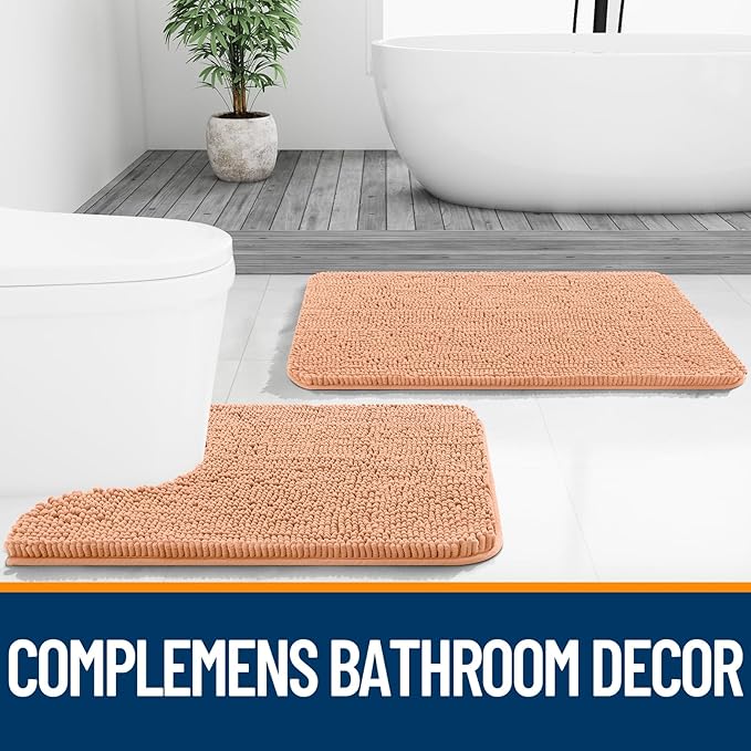 OLANLY Toilet Rugs U-Shaped 24x20, Extra Soft Absorbent Chenille Contour Bathroom Rugs for Toilet, Dry Quickly, Machine Washable, Non-Slip Bath Mat, Peach