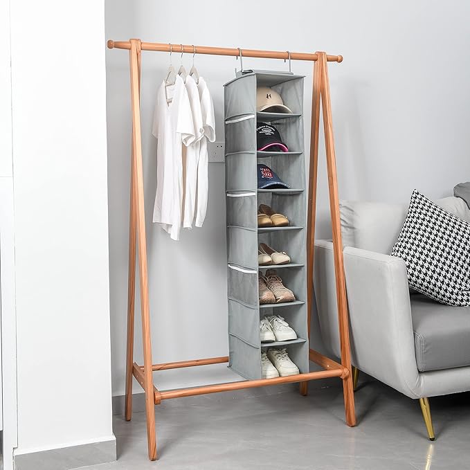 Hanging Shoe Organizer for Closet with Side Mesh Pockets，Hat Racks for Baseball Caps，Shoe and Hat Holder & Storage，8-Shelf，Gray，2 Pack