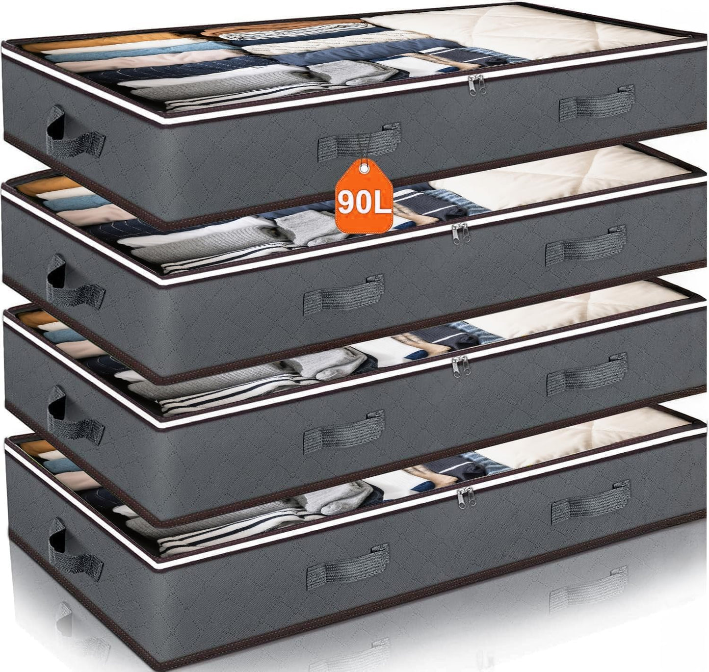 90L Under Bed Storage Containers, Closet Organizers and Storage Bins, Foldable Underbed Storage Bags for Blankets, Towels, Comforter, Sweaters, Linen Sheets, Wrapping Paper (Grey, 4 Pack)