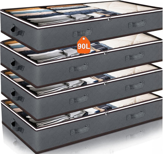 90L Under Bed Storage Containers, Closet Organizers and Storage Bins, Foldable Underbed Storage Bags for Blankets, Towels, Comforter, Sweaters, Linen Sheets, Wrapping Paper (Grey, 4 Pack)