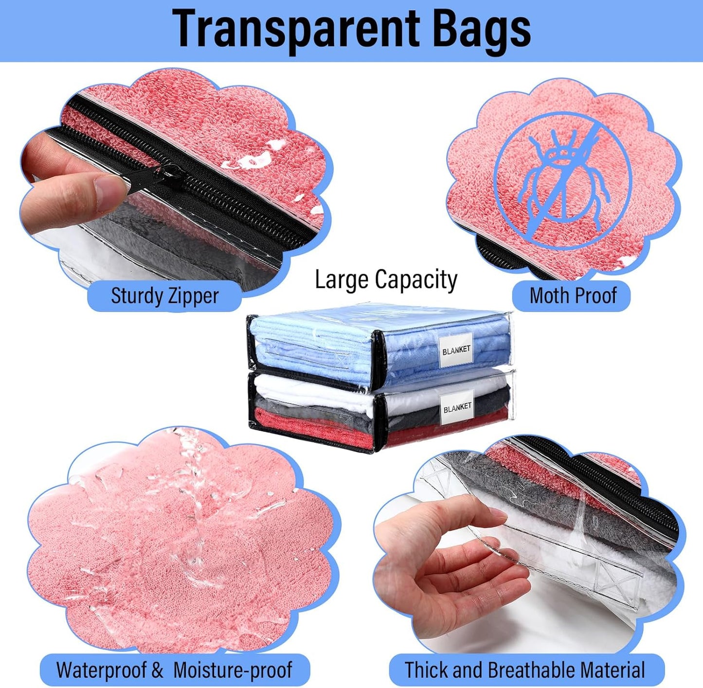 Kenning Set of 20 Clear Vinyl Zippered Storage Bags for Sheet Organizer Plastic Sweater Bags with Handle Pocket for Bed Blanket Throw Pillow Toys(Black,11 x 15 x 4 Inch)