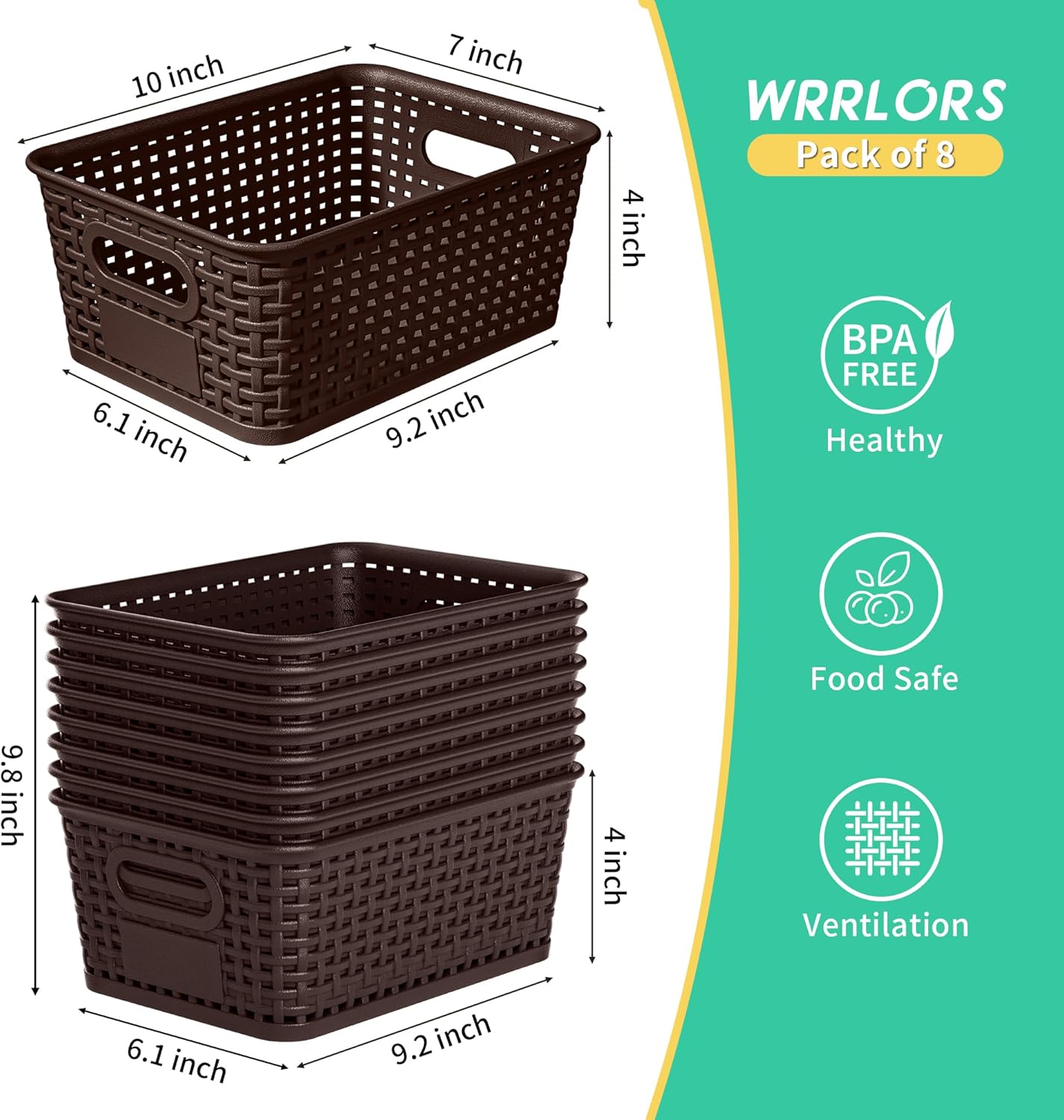 8-Pack Brown Plastic Storage Baskets with Lids, Label Organizers, Stackable Organizer Containers: For Organizing Shelves, Drawers, Desk Closets, Playrooms, Classrooms, Offices