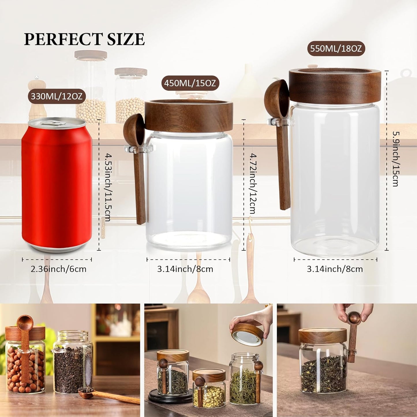4 Pack 18 oz/550 ml Glass Storage Canister with Airtight Wooden Lid, Clear Small Decorative Container Jar with Spoon for Salad Overnight Oats Snacks Yogurt Cereal Fruit Spice Sugar Coffee