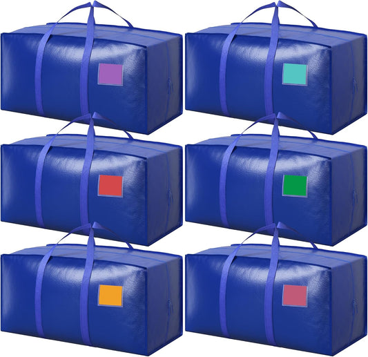 6 Pack Extra Large Heavy Duty Moving Bags with Reinforced Zipper & Wide Handles, Moisture-Resistant Storage Bins Packing Cubes for Clothes, College Dorm, Travel, and Home Organization, Blue