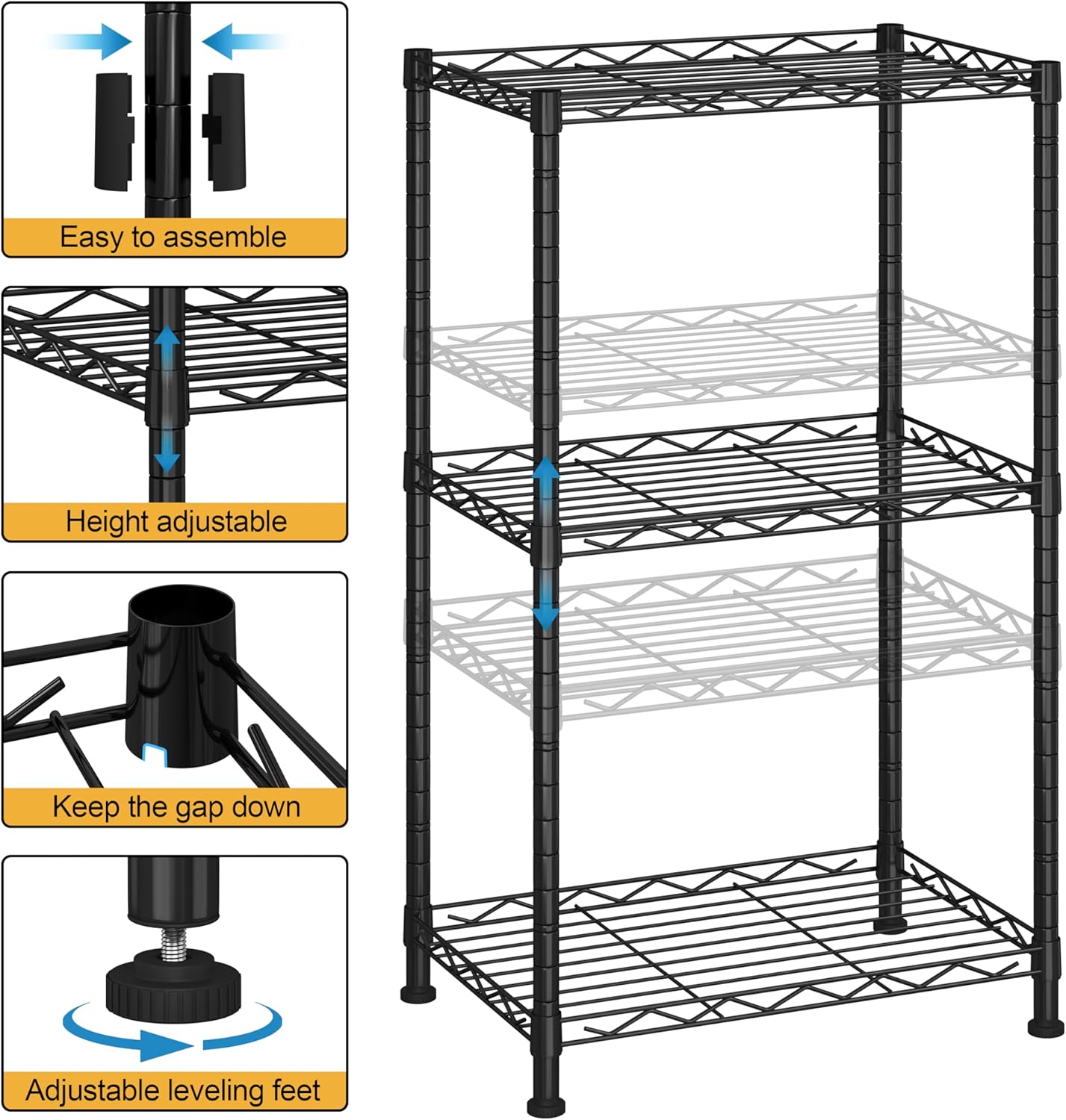 HOMEFORT Storage Shelves, 3-Wire Shelving, Metal Shelving Unit Adjustable Storage Shelves Rack for Kitchen, Pantry, Bathroom, Black, 15.7" W x 11.6" D x 30" H