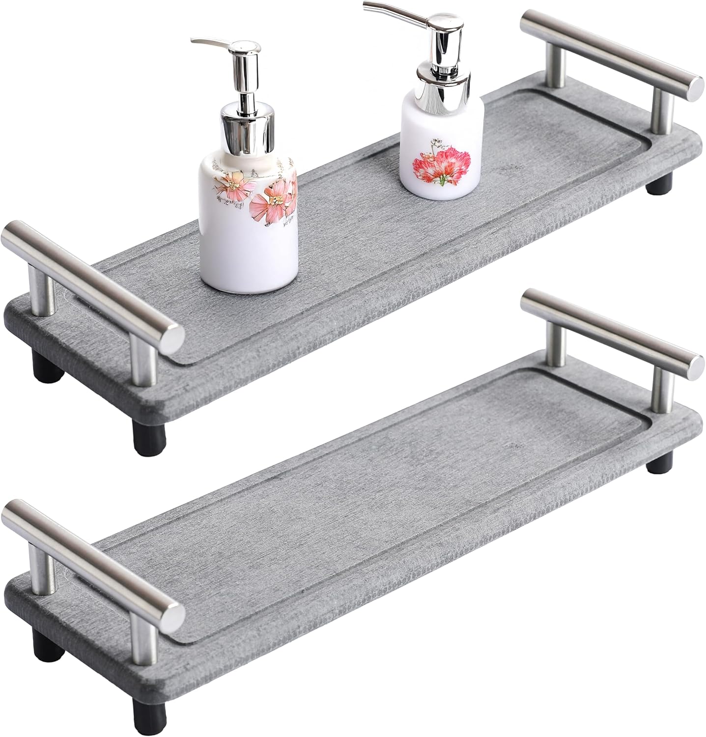 2PCS Quick Dry Stone Sink Tray, Water Absorbent Instant Drying Diatomite Tray for Sink, Instant Drying Stone, Kitchen Sink Caddy Bathroom Soap Dispenser (Dark Grey & Silver Handle, Small)