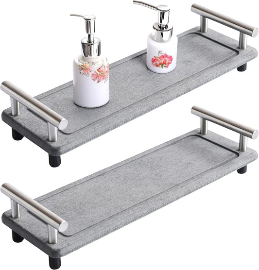 2PCS Quick Dry Stone Sink Tray, Water Absorbent Instant Drying Diatomite Tray for Sink, Instant Drying Stone, Kitchen Sink Caddy Bathroom Soap Dispenser (Dark Grey & Silver Handle, Small)