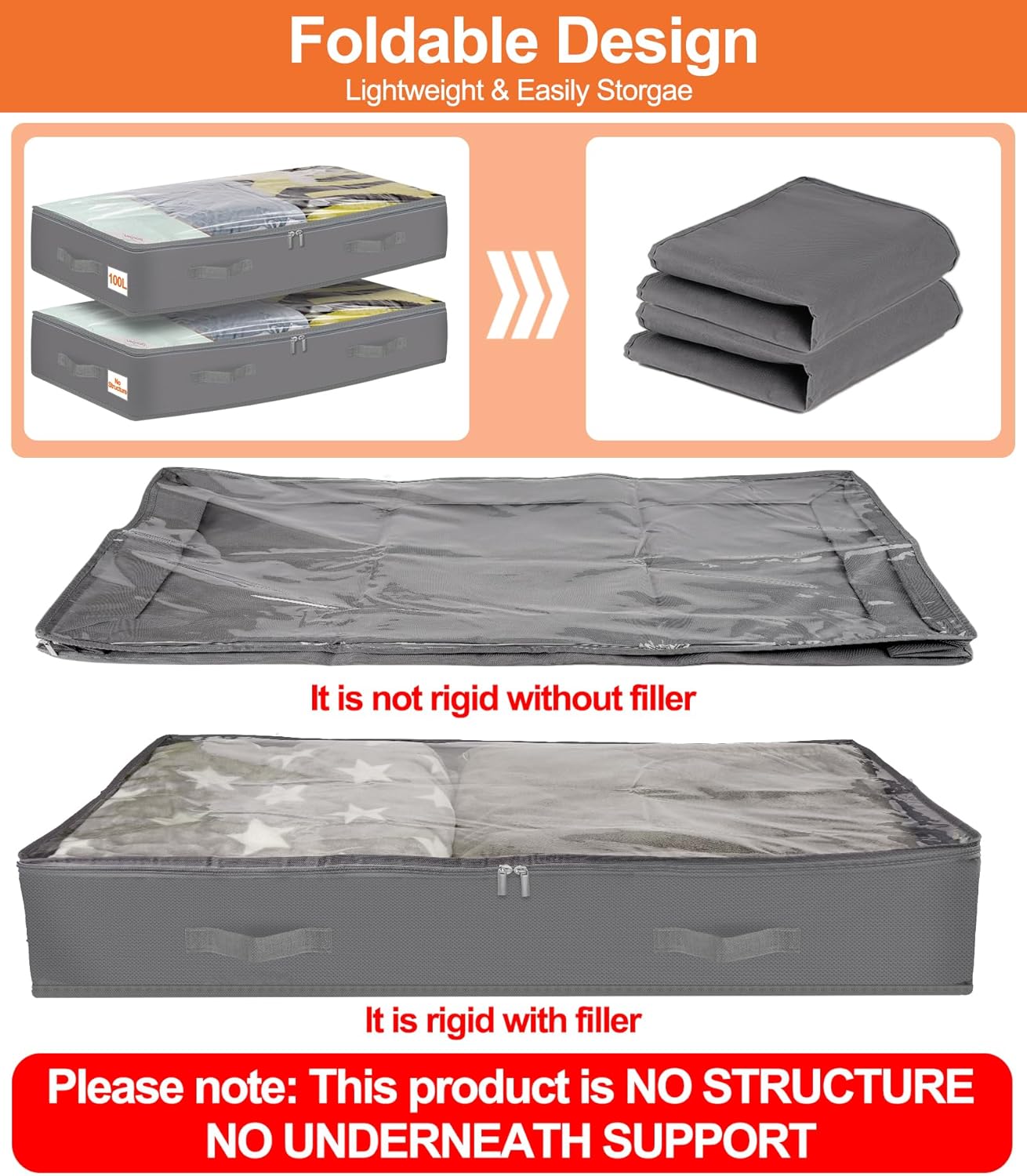 punemi Under Bed Storage Containers, 4 Pack Large Soft Foldable Storage Bags with Clear Top for Blankets, Comforters, Sheets, Wrapping Paper, Water-Resistant Inner Layer, 20x40x7.5 in, Gray