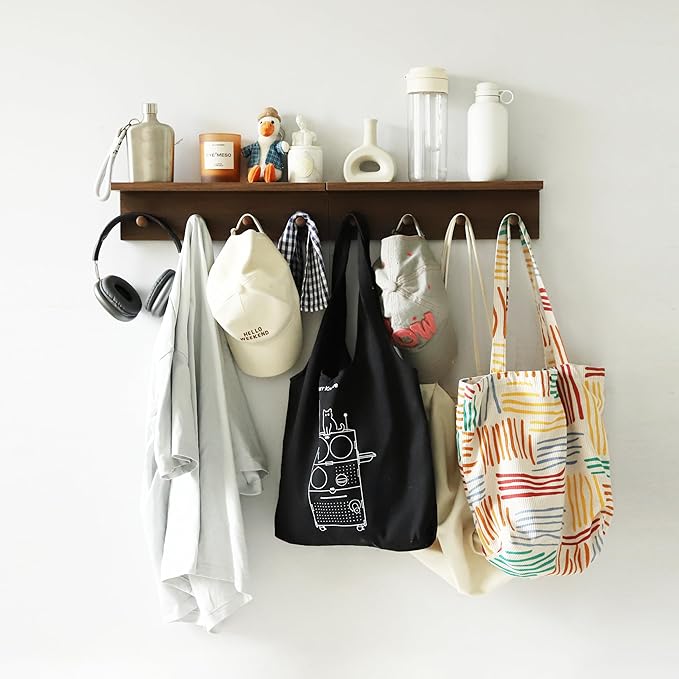 Entryway Coat Rack Hooks with Shelf, Sturdy Wooden Floating WallOrganizer Shelf with 4 Hooks siutable for Entrance, Mudroom, Kitchen, Bathroom,.etc(2pc-Walnut Finish)