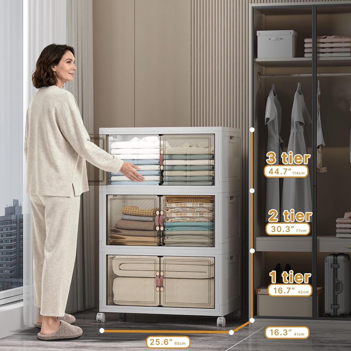 Extra Large Stackable Storage Bins with Lids & Wheels & Door, 336QT-112QT/28GAL*3Pack Foldable Collapsible Closet Organizers, Plastic containers drawers for bedroom Dorm