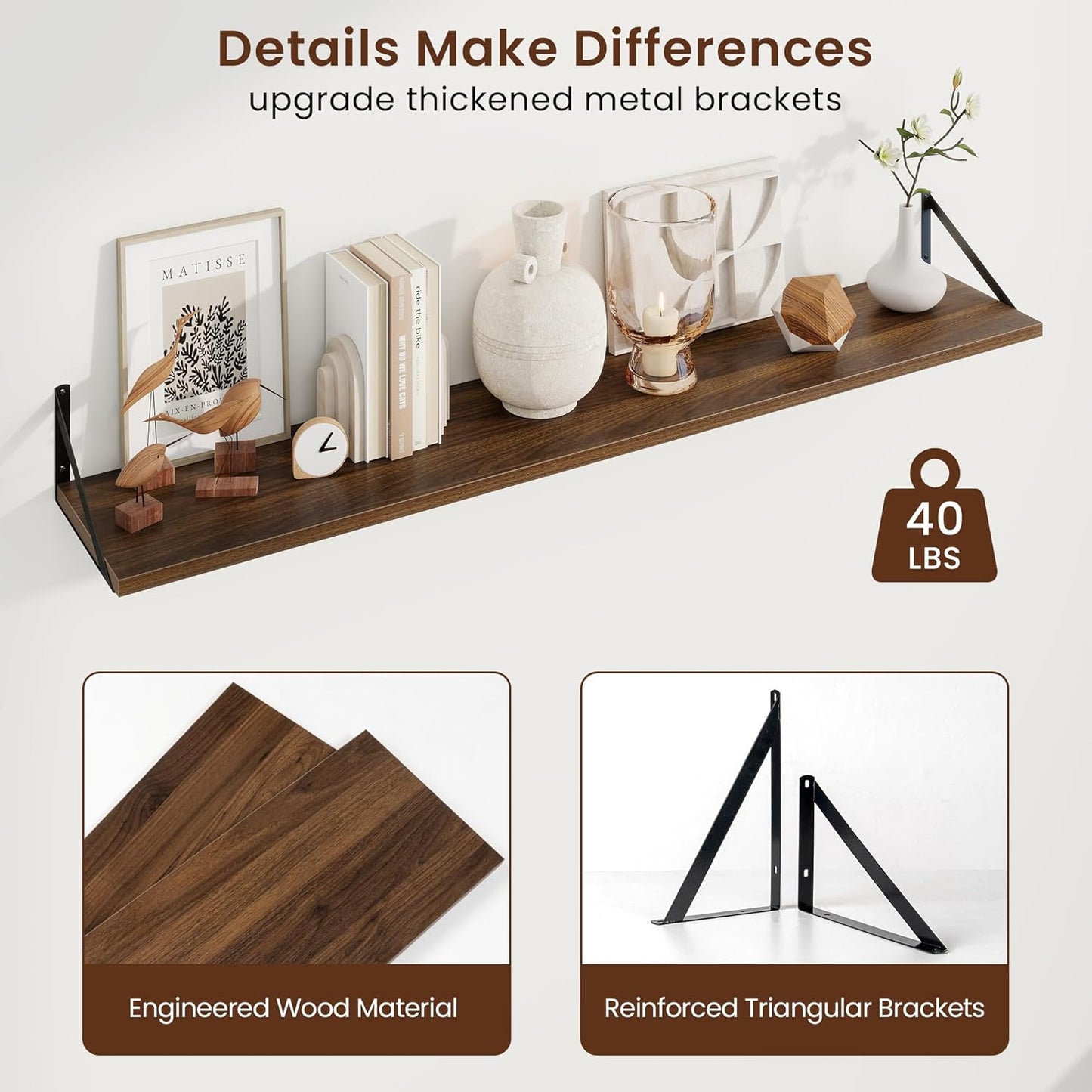 Axeman Deep Floating Shelves for Wall - 55 Inch Wide x 10 Inch Deep Walnut Floating Shelves Set of 2 - Wide Wall Shelves for Living Room Bathroom Bedroom