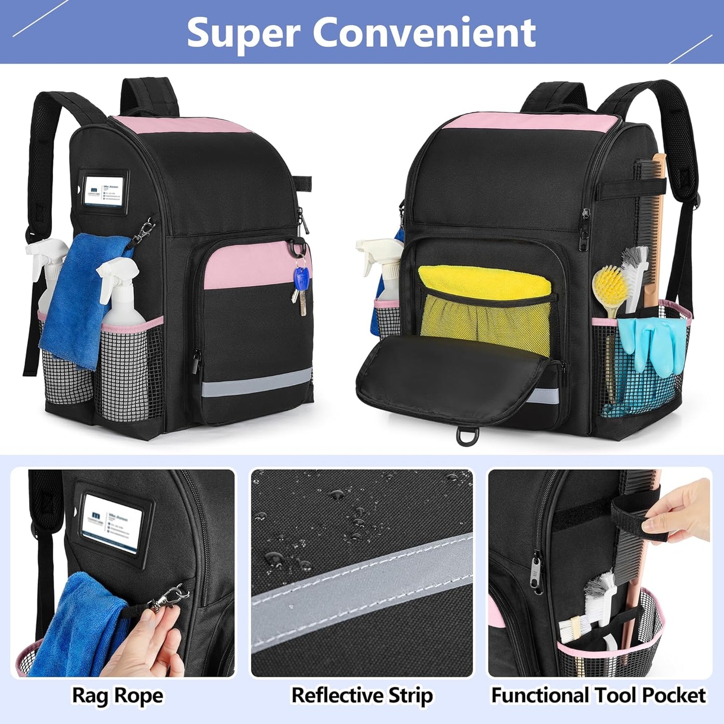 LoDrid Cleaning Bag with Thickened Adjustable Shoulder Straps, Large Cleaning Caddy Organizer with Multiple Pockets for Cleaning and Housework, Pink (Patent Designed)