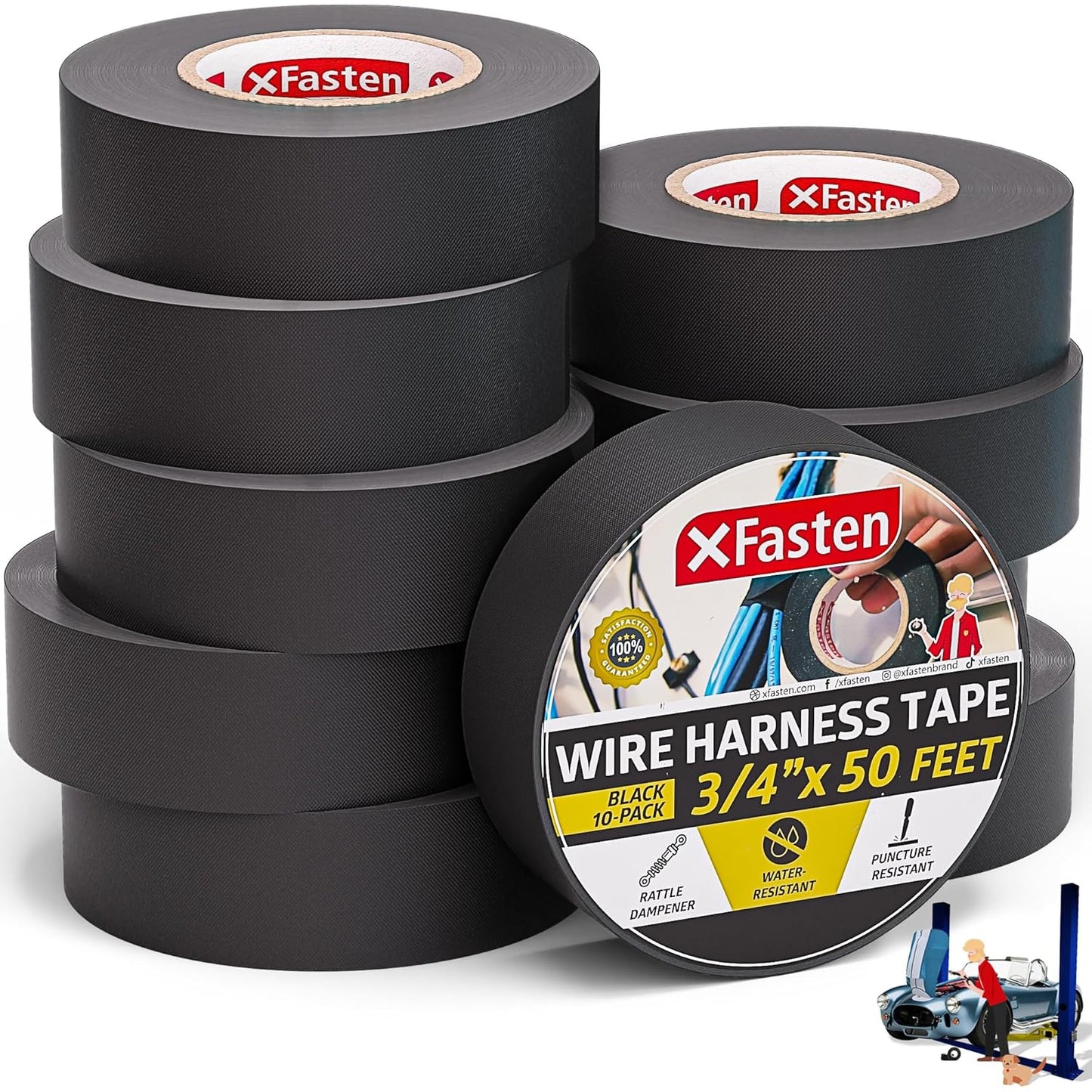 XFasten Wire Harness Tape, 3/4-Inch x 50 Feet (10-Pack), High Temp Wiring Loom Harness, Self-Adhesive Felt Cloth Electrical Tape for Automotive Engines, Noise Dampening, and Cable Protection