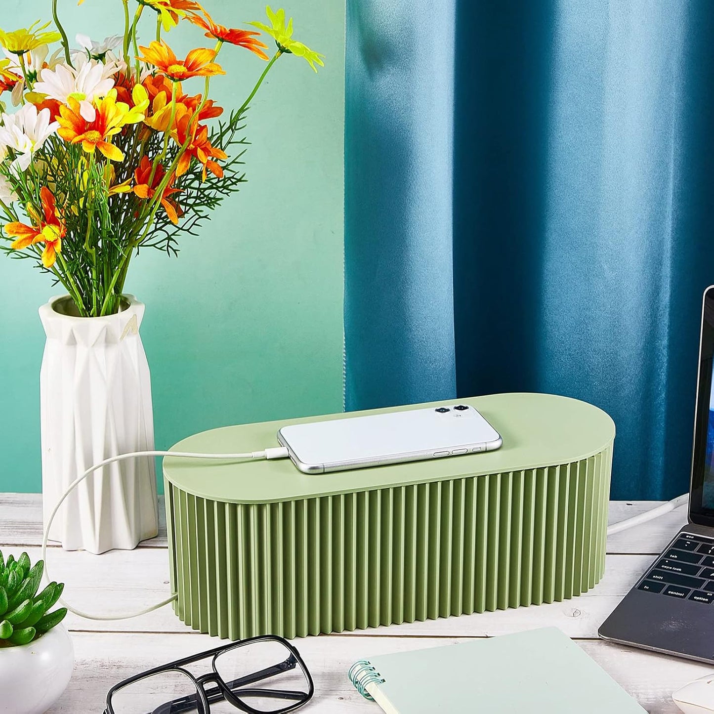 Marsui 2 Pcs Cable Management Box Cord Hider Organizer with 46 Pcs Cable Management Kit Wire Box for Power Strips Surge Protectors Desk TV Computer Wires Home Office(Grayish Green)