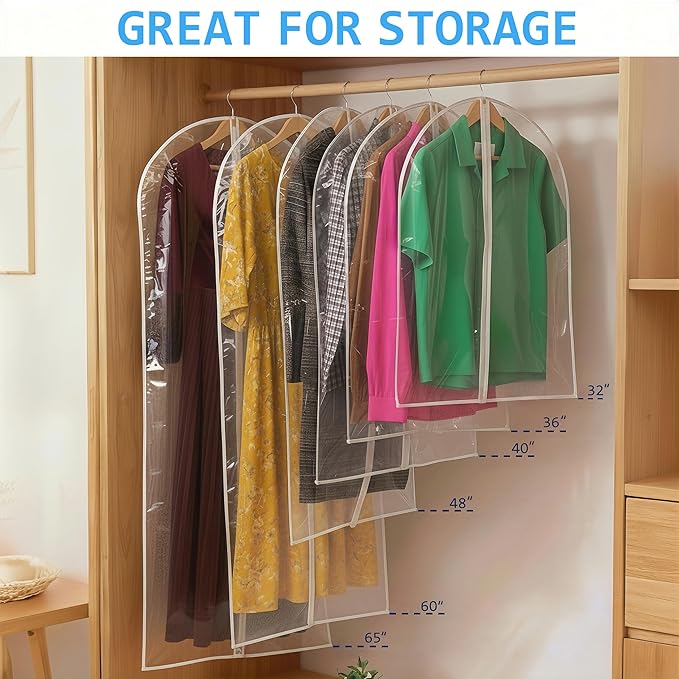 60” All Clear Garment Bags for Travel - PEVA Waterproof Suit Cover with Zipper for Hanging Clothes, long Gowns - Durable Dresser for Closet Storage, Dustproof & Moisture Resistant - 60”/2 Pack