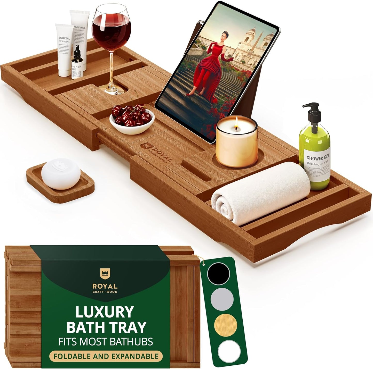 ROYAL CRAFT WOOD Premium Foldable Bathtub Tray - Wood Bath Tray for Tub, Bamboo Shelf, Expandable Bath Table Trays, Bathtub & Bathroom Accessories for New Home Gifts for Mom