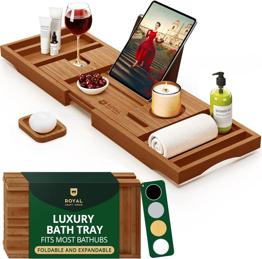 ROYAL CRAFT WOOD Premium Foldable Bathtub Tray - Wood Bath Tray for Tub, Bamboo Shelf, Expandable Bath Table Trays, Bathtub & Bathroom Accessories for New Home Gifts for Mom