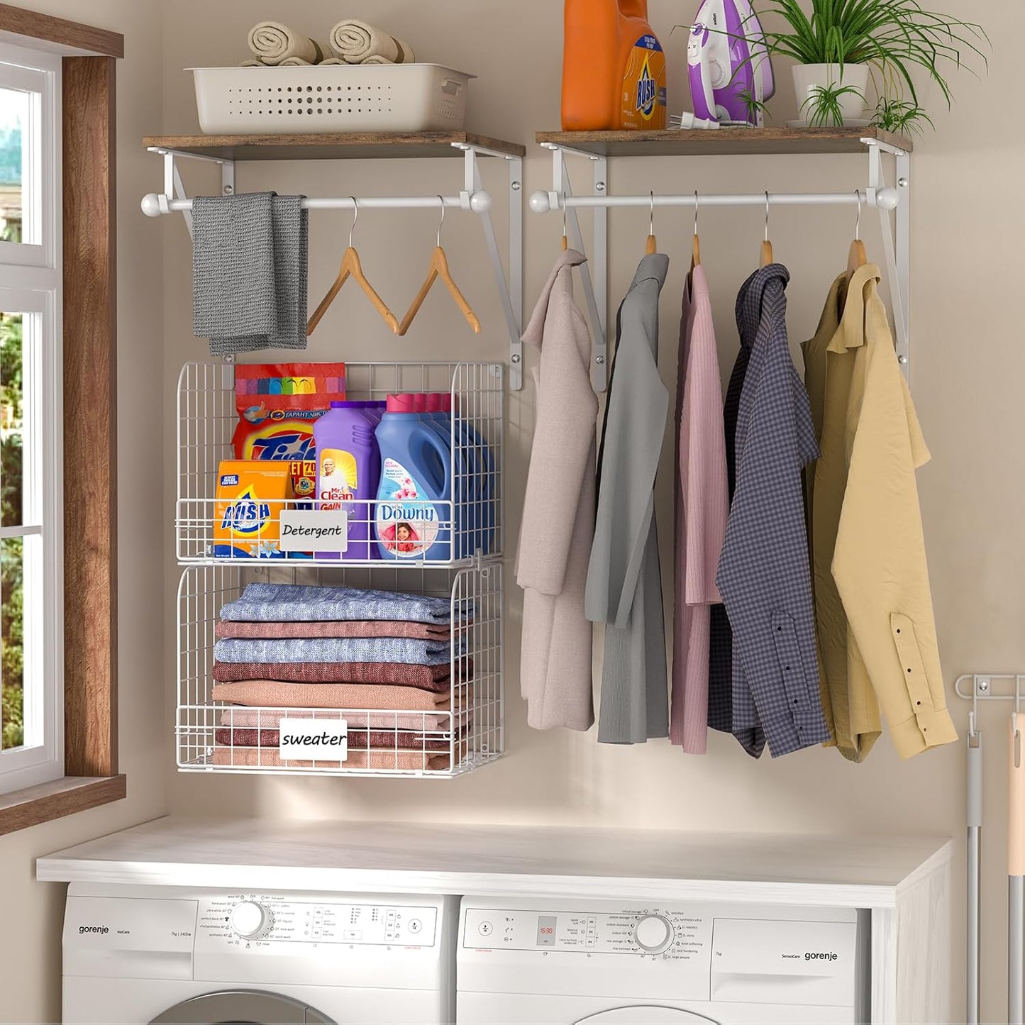 2 Set Laundry Room Shelves Wall Mounted with Wire Storage Baskets, Over Washer and Dryer Shelves with Hanging Rods and Hooks, Wire Shelves for Laundry Organization and Storage, White, Wooden