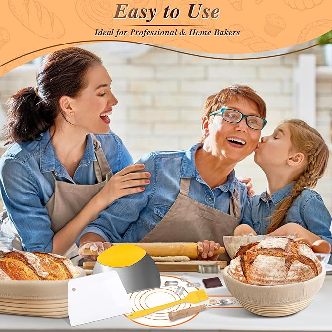 Banneton Basket Set of 2, 10" Oval & 9.7" Round Banneton Bread Proofing Basket with Liners, Bread Lame, Silicone Baking Mat, Danish Whisk, Brush, Proofing Bowls Sourdough Starter Kit Tools