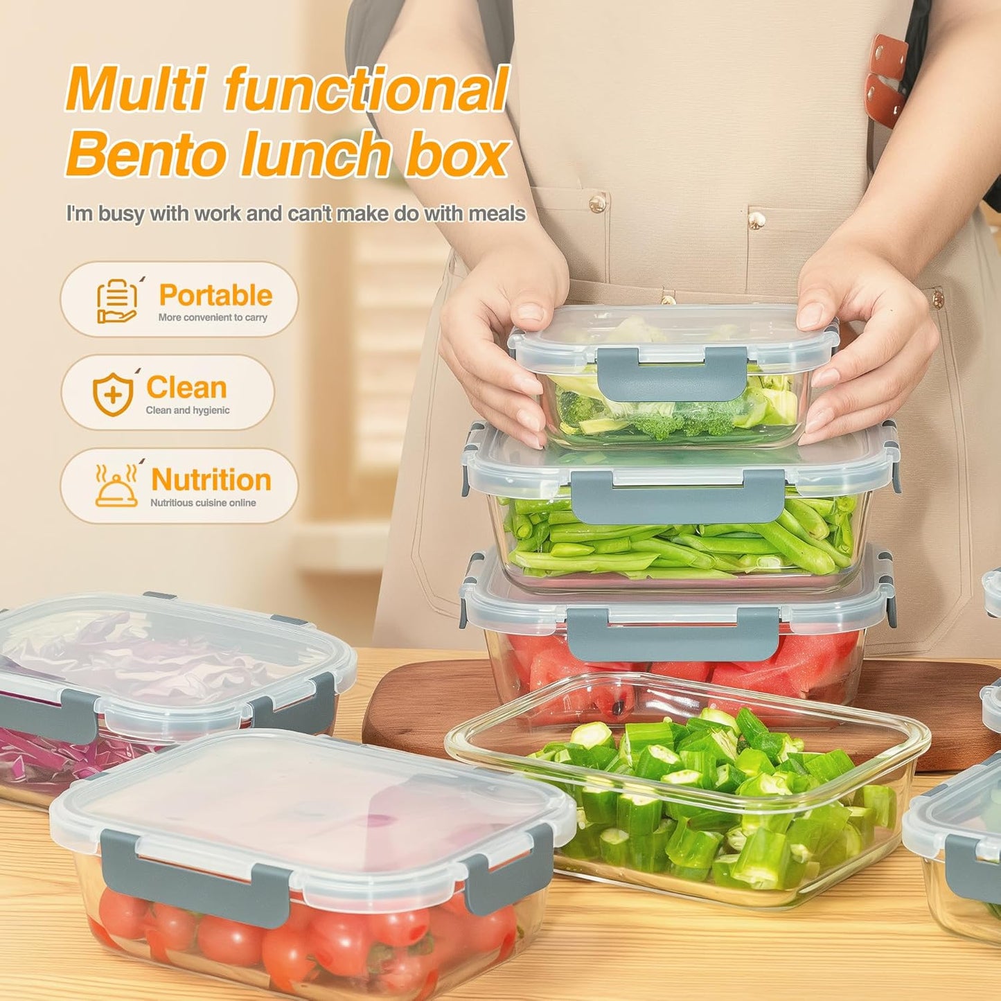 5 PACK 36 oz Glass Meal Prep Containers, Glass Food Containers with Snap-Lock Lids, Airtight Lunch Containers, Microwave, Oven, Refrigerator and Dishwasher Safe，Gray