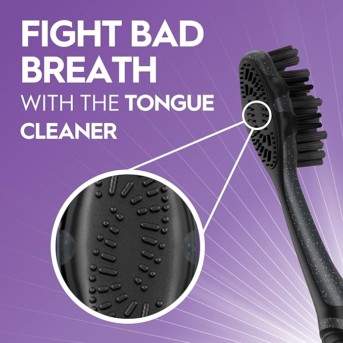 Oral-B 3D White Charcoal toothbrush, 2 count SOFT manual tootbrush pack, Whitens teeth, removes plaque and stains, tongue scraper tooth brush