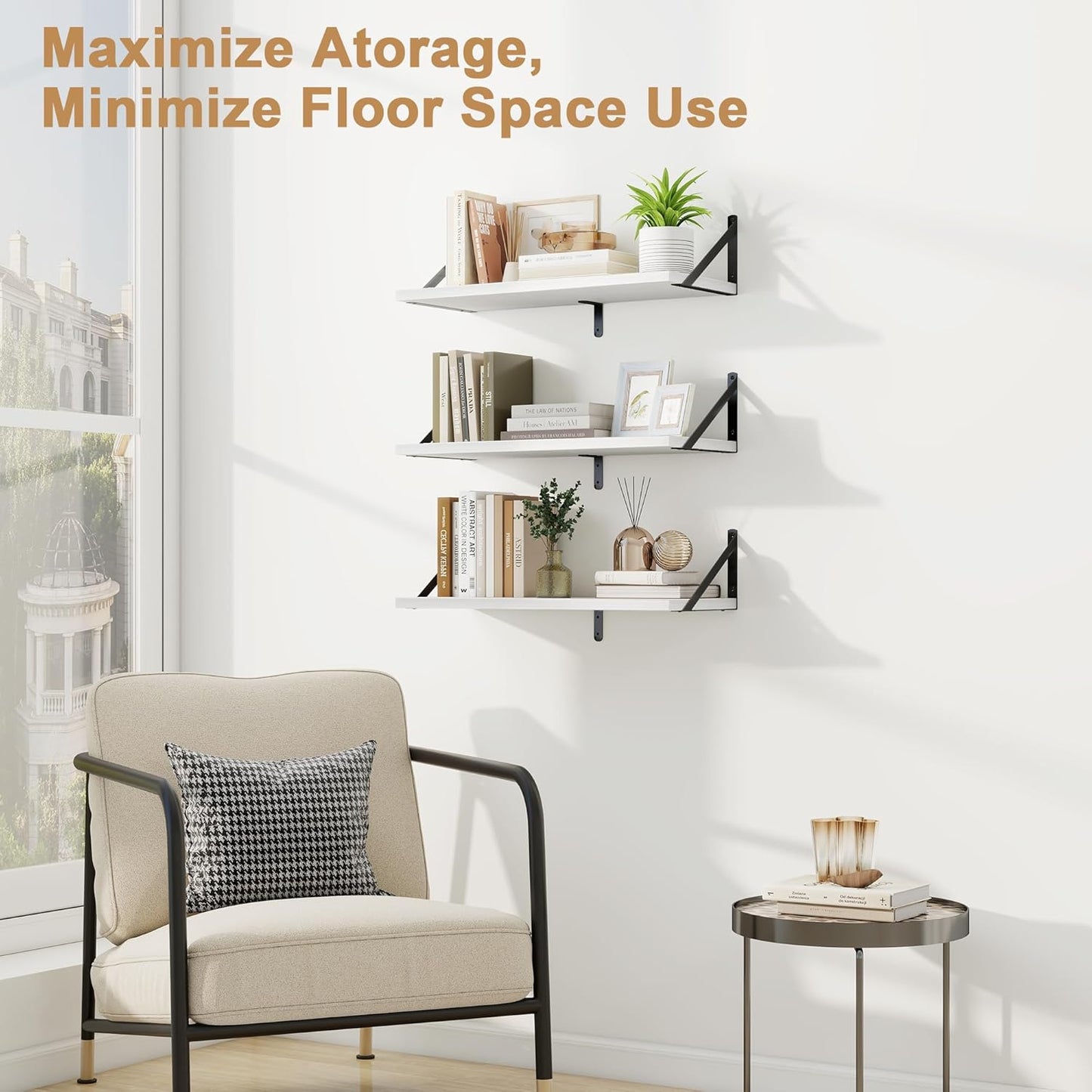 Fun Memories Floating Bookshelves, Set of 3 Wall-Mounted Wood Shelves 24" W x 8" D, Decorative Wall Shelf for Living Room, Bedroom, Bathroom, and Laundry Room (White)