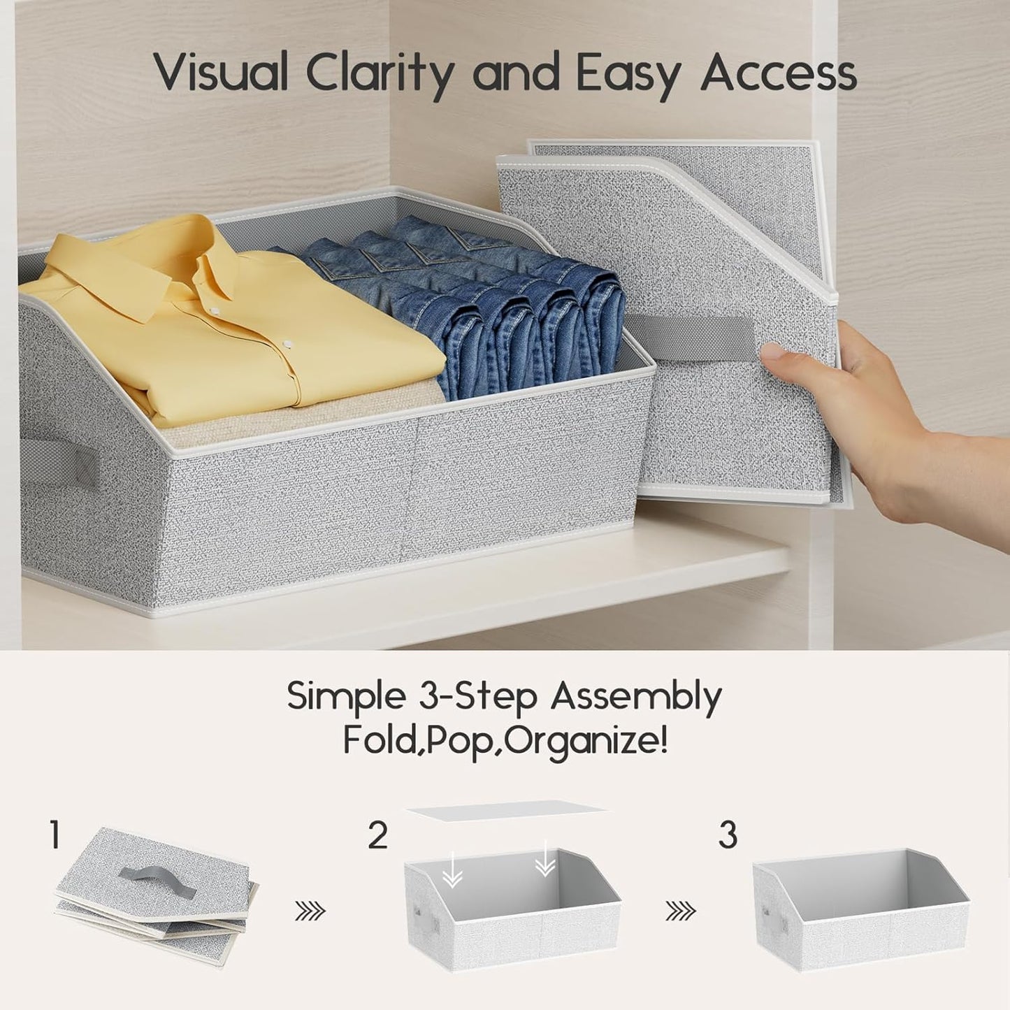 Large Closet Organizers and Storage Bins - 6 Pack Trapezoid Storage Baskets for Shelves, Foldable Fabric Baskets with Handles Ideal for Closet, Basket, Wardrobe and Shelf Storage, Light Grey