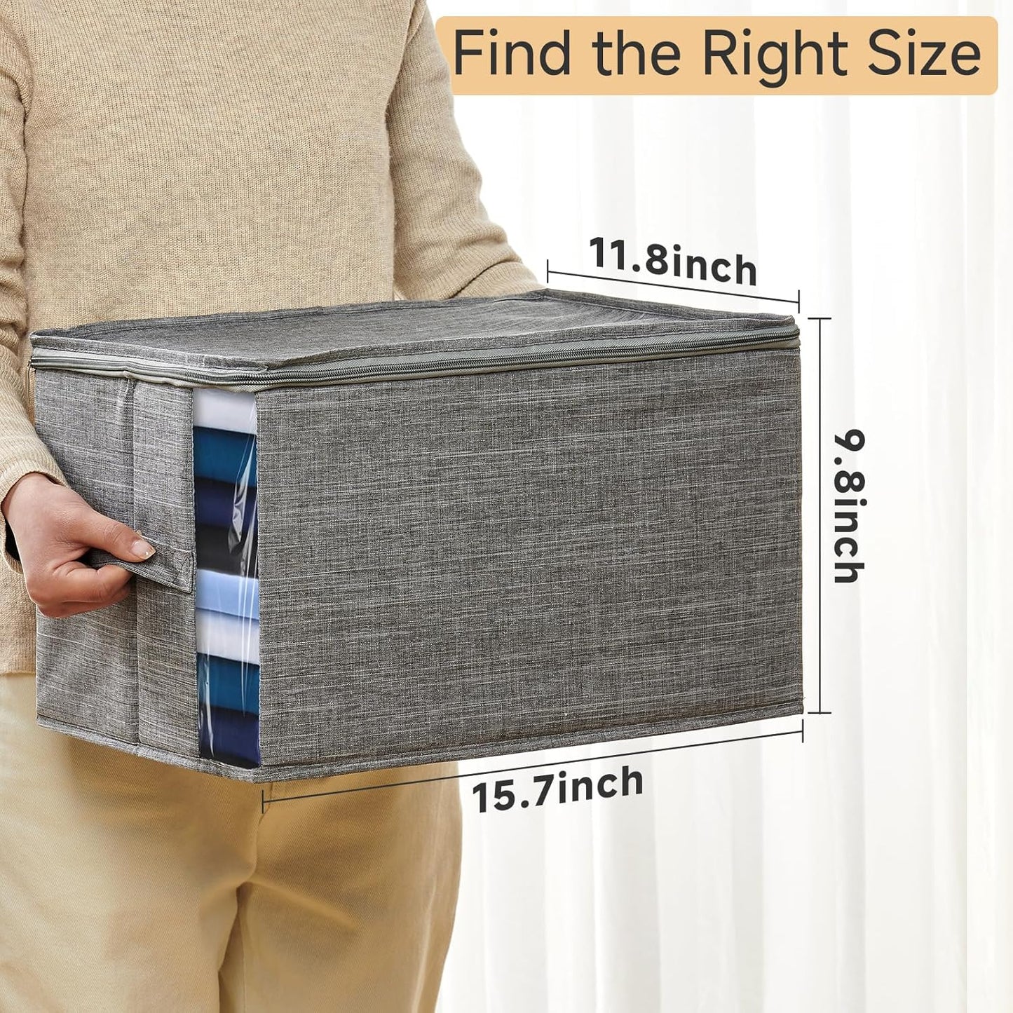 Clothes Storage Bins with Sturdy Frames, Foldable Fabric Clothing Organizer Box for Moving, Sweater Storage Cube with Lids and Zipper, Linen Closet Storage Bags for Blankets, Clothes, Sheet