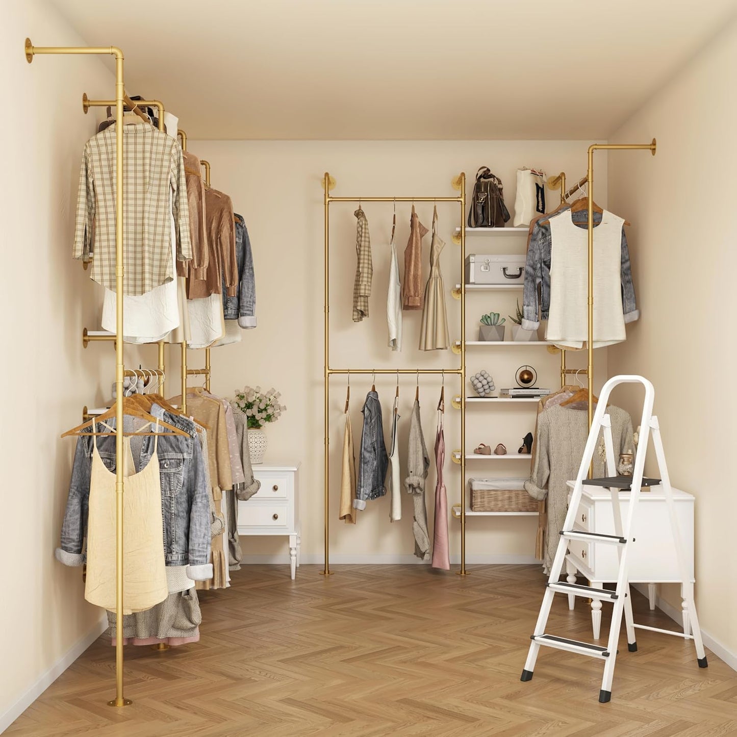 Industrial Pipe Clothes Rack, DÉCOR Wall Mounted Clothing Rack, for Walk-in Wardrobe Multi-Purpose Storage Clothes Hanging Shelf, 2 Installation Methods Gold