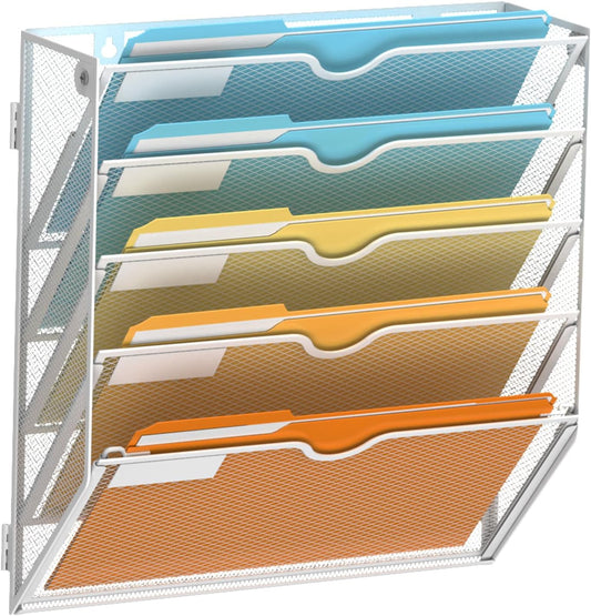 SUPEASY 5-Tier Wall File Organizer Mesh Office Mail Holder, Hanging Wall Organizer Magazine Rack for Office White